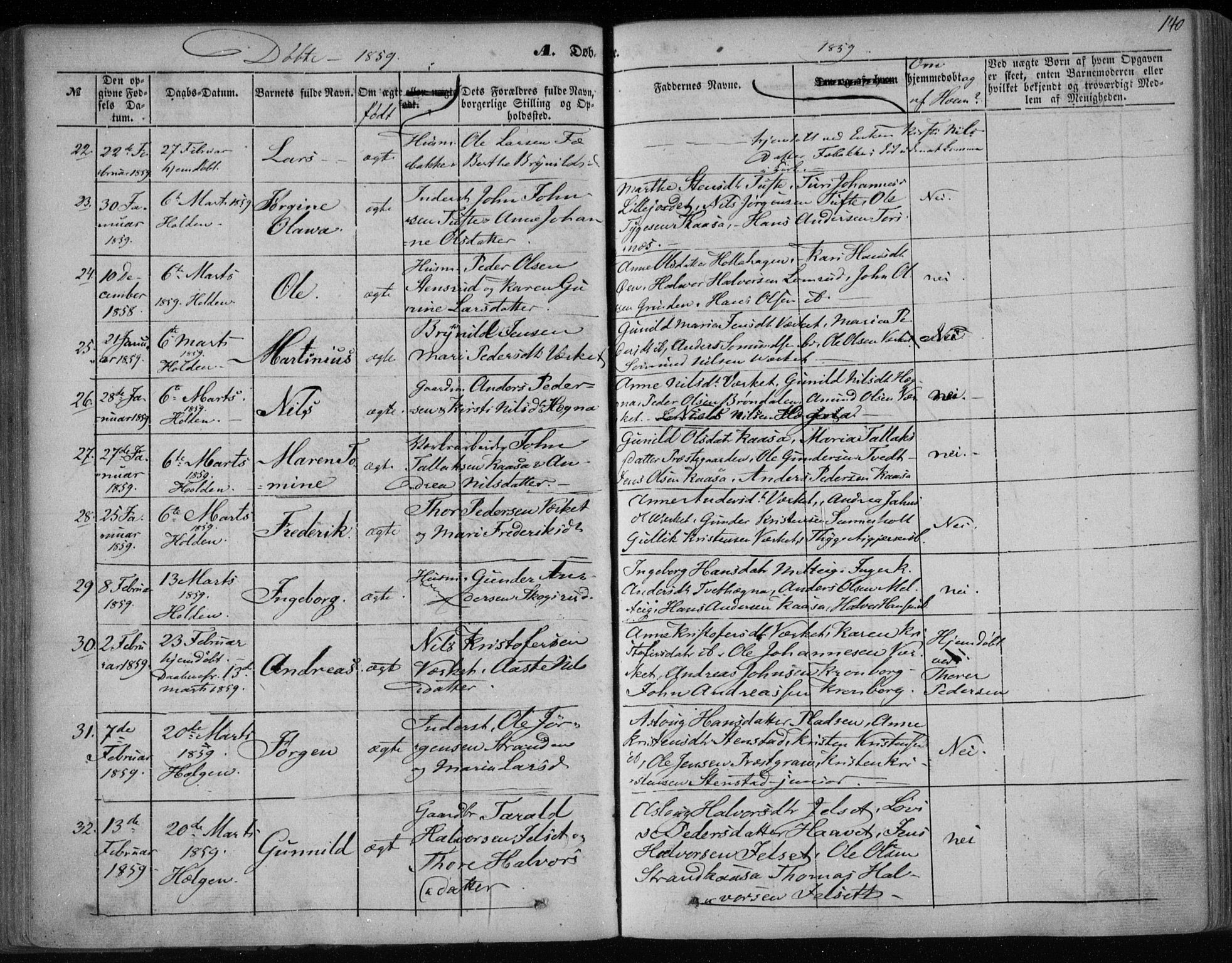 Holla kirkebøker, AV/SAKO-A-272/F/Fa/L0005: Parish register (official) no. 5, 1849-1860, p. 140