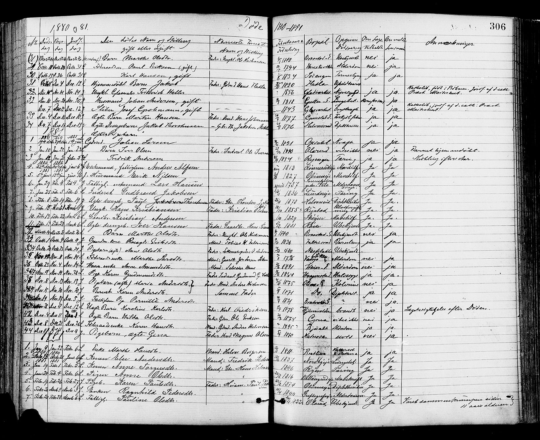 Jevnaker prestekontor, SAH/PREST-116/H/Ha/Haa/L0008: Parish register (official) no. 8, 1877-1890, p. 306
