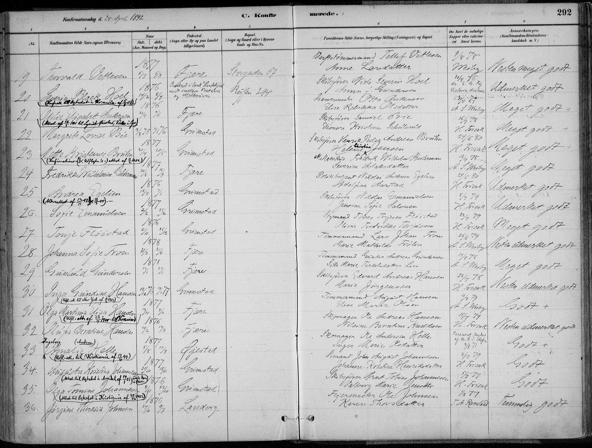Grimstad sokneprestkontor, SAK/1111-0017/F/Fa/L0003: Parish register (official) no. A 2, 1882-1912, p. 292