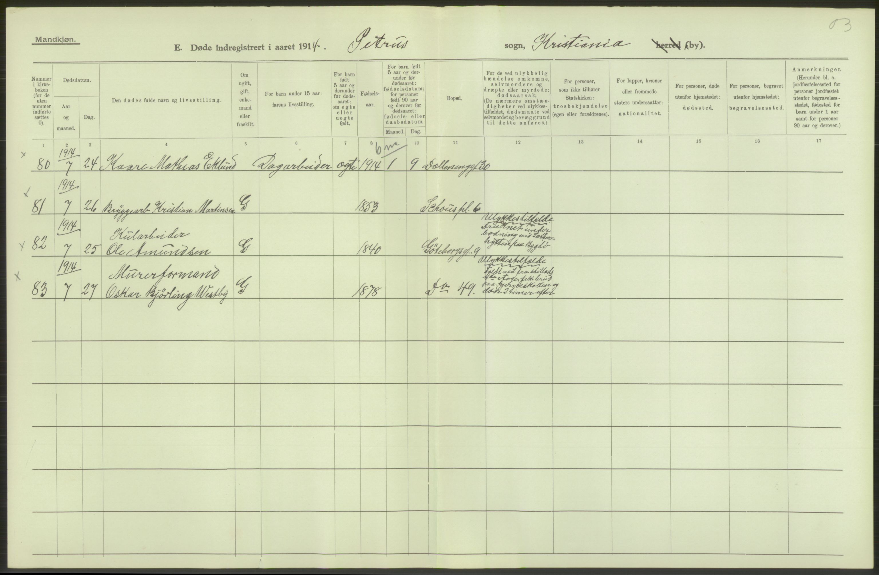 Statistisk sentralbyrå, Sosiodemografiske emner, Befolkning, AV/RA-S-2228/D/Df/Dfb/Dfbd/L0008: Kristiania: Døde, 1914, p. 332