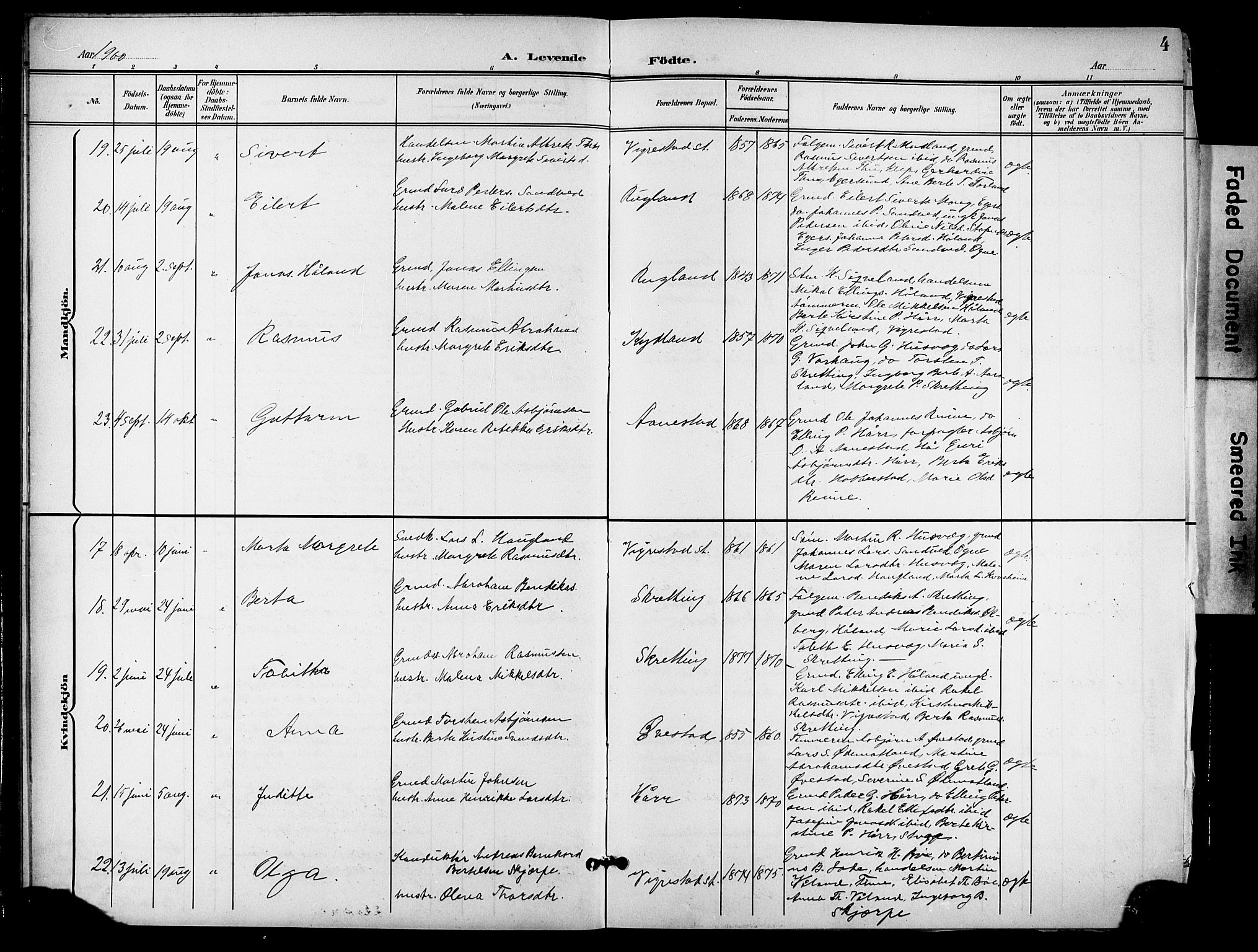 Hå sokneprestkontor, AV/SAST-A-101801/001/30BB/L0006: Parish register (copy) no. B 6, 1900-1924, p. 4