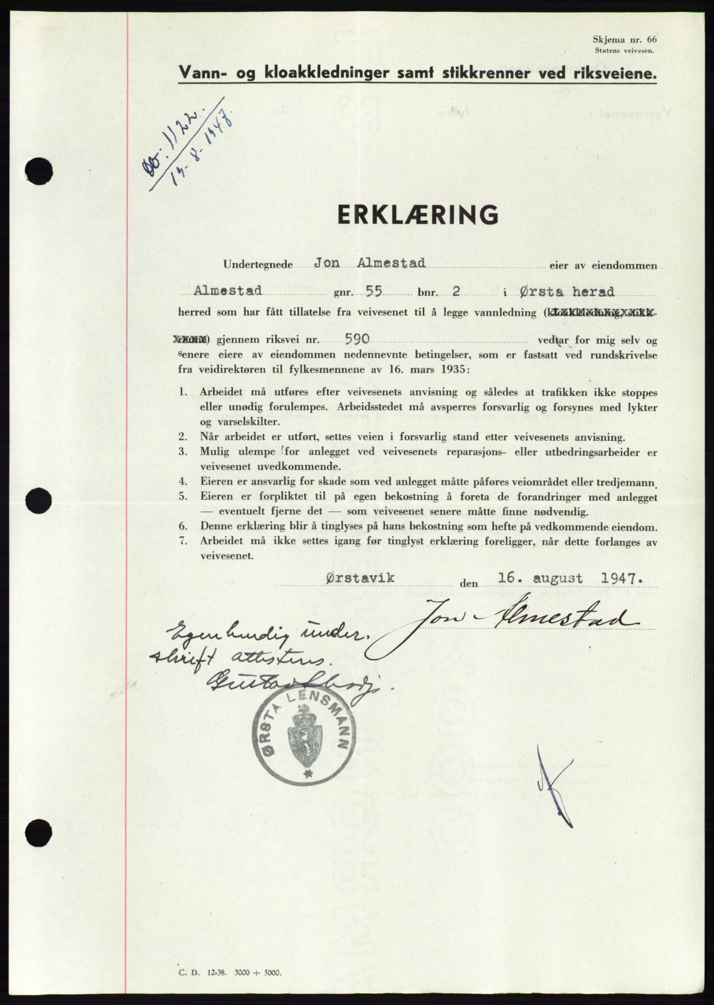 Søre Sunnmøre sorenskriveri, SAT/A-4122/1/2/2C/L0081: Mortgage book no. 7A, 1947-1948, Diary no: : 1122/1947
