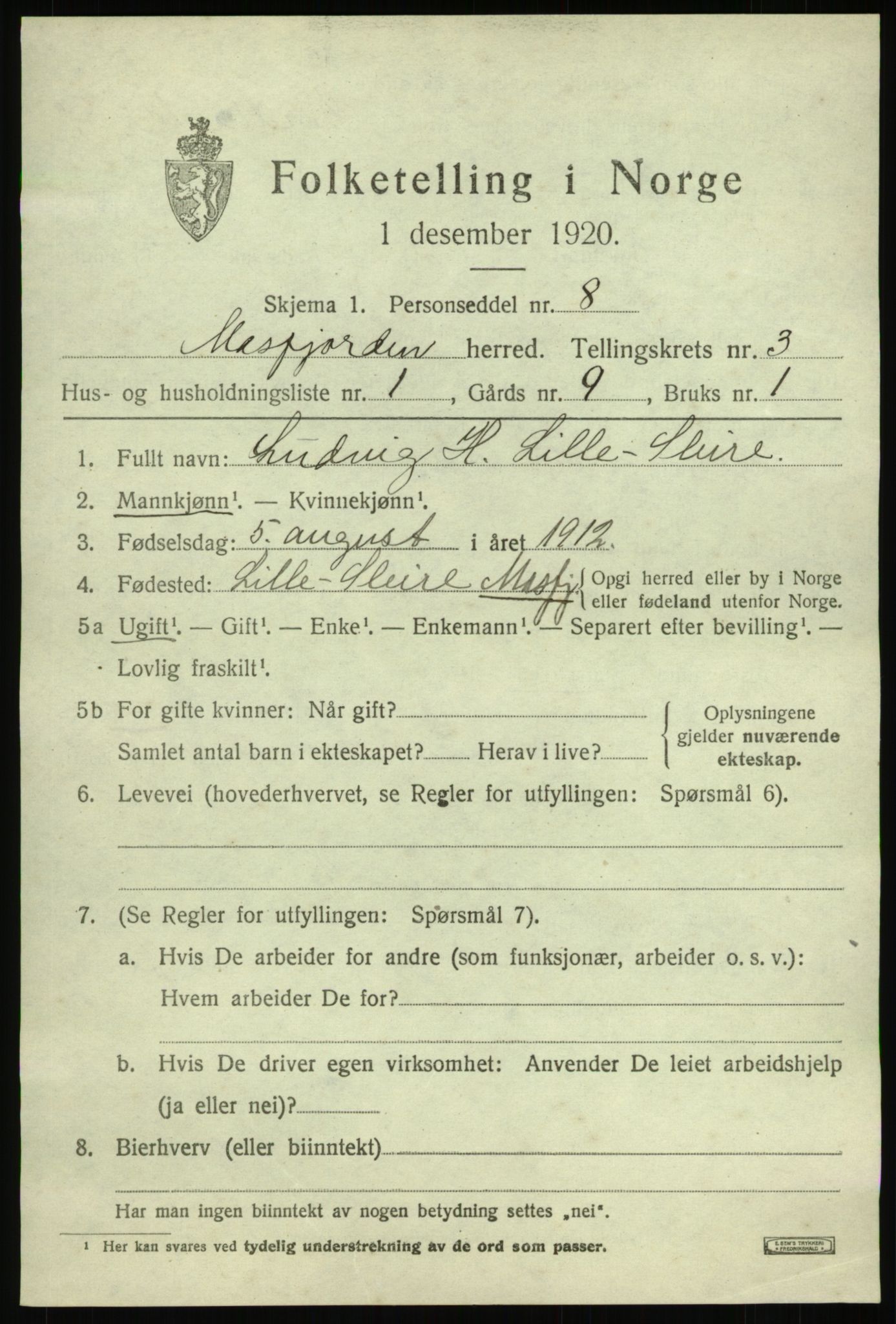 SAB, 1920 census for Masfjorden, 1920, p. 1399