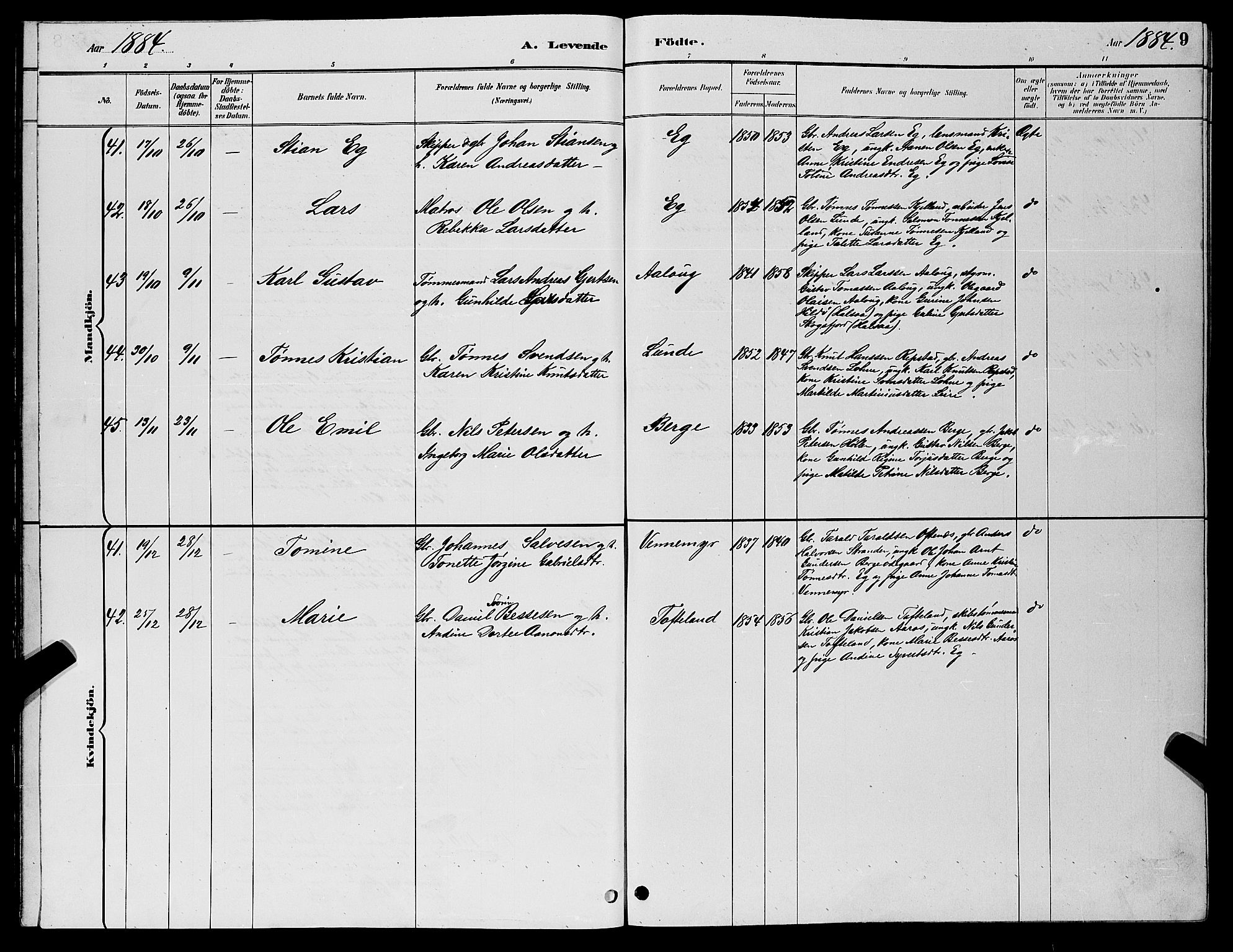 Søgne sokneprestkontor, SAK/1111-0037/F/Fb/Fbb/L0005: Parish register (copy) no. B 5, 1884-1891, p. 9