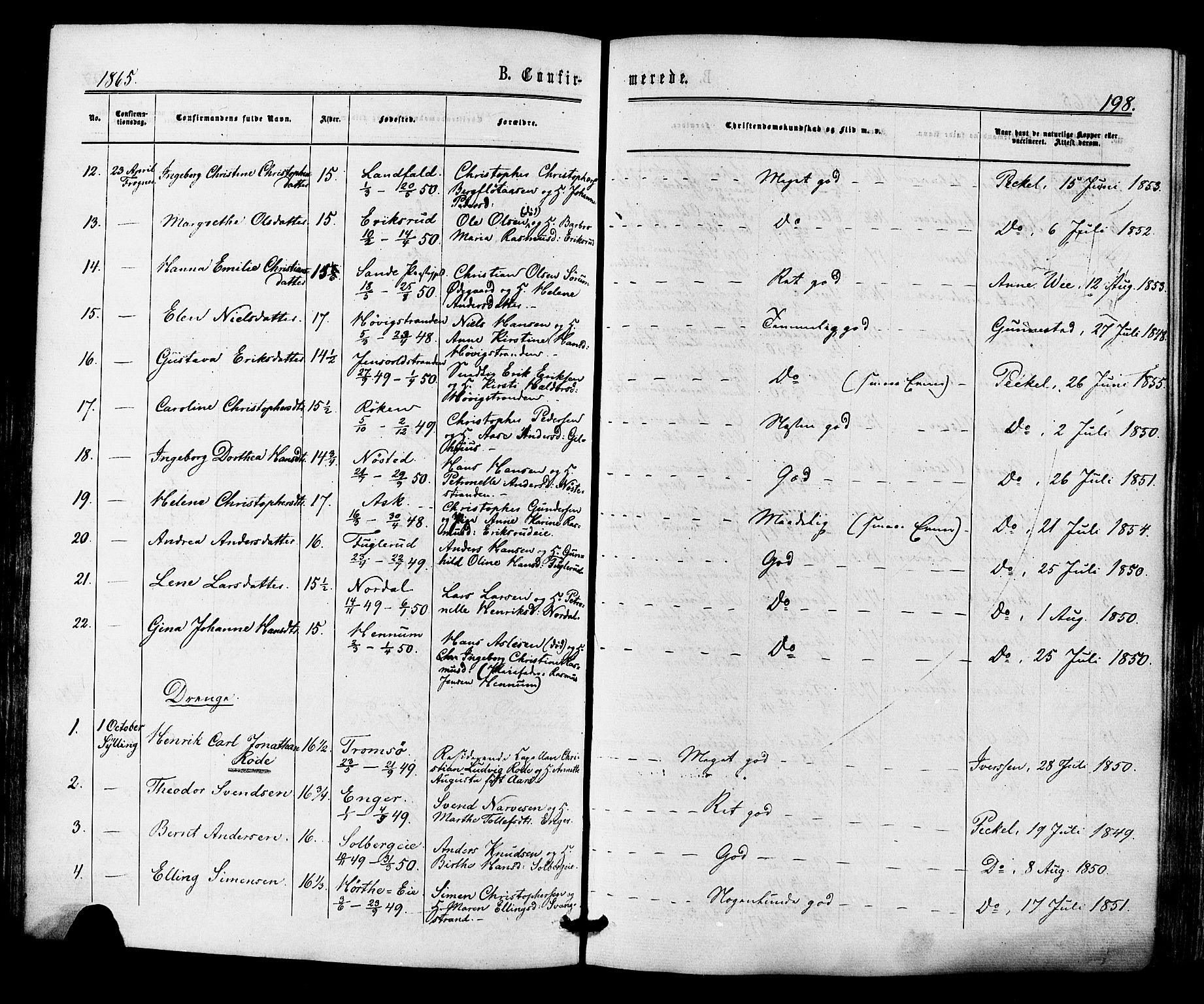 Lier kirkebøker, AV/SAKO-A-230/F/Fa/L0013: Parish register (official) no. I 13, 1865-1874, p. 198