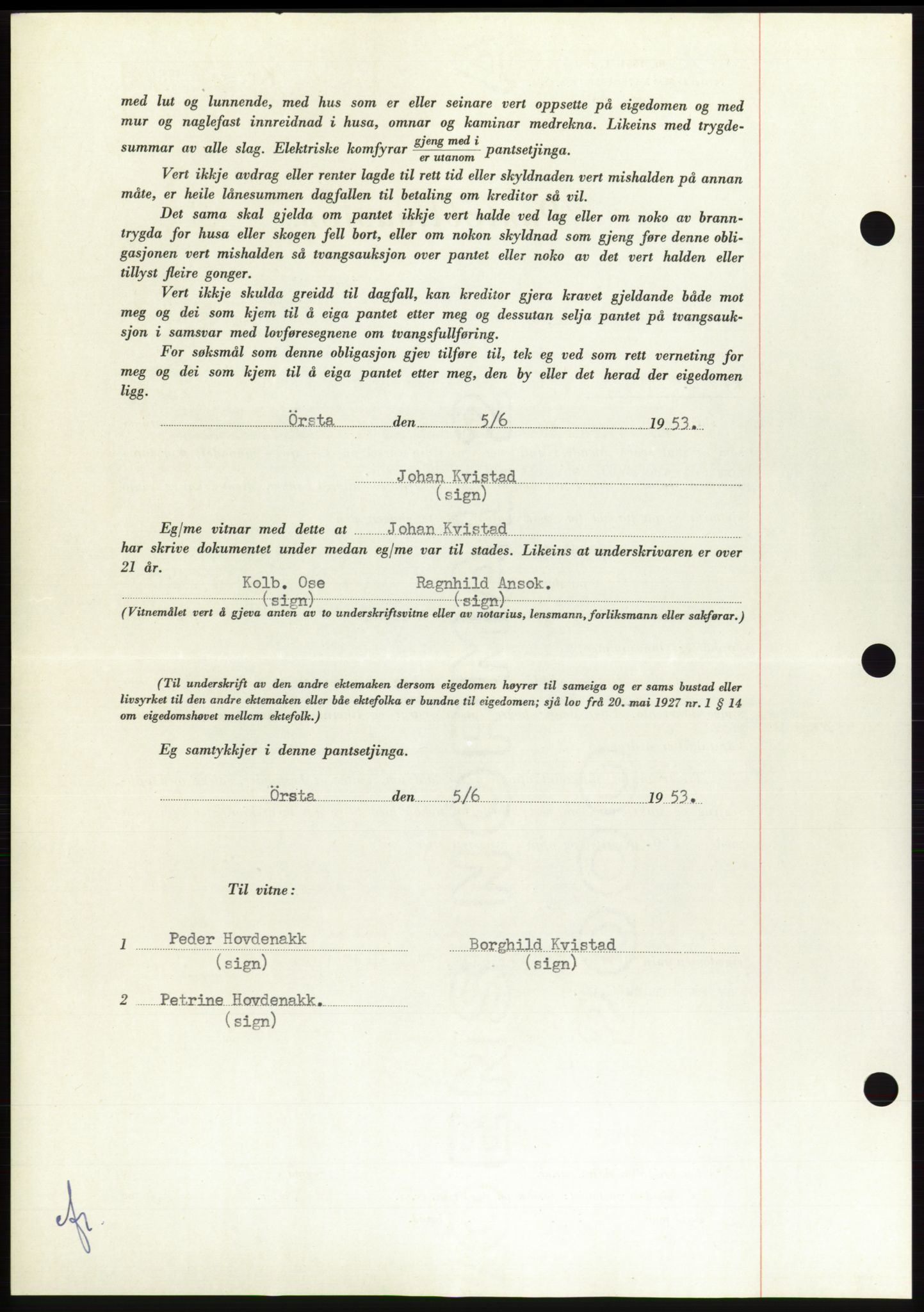 Søre Sunnmøre sorenskriveri, AV/SAT-A-4122/1/2/2C/L0123: Mortgage book no. 11B, 1953-1953, Diary no: : 1531/1953