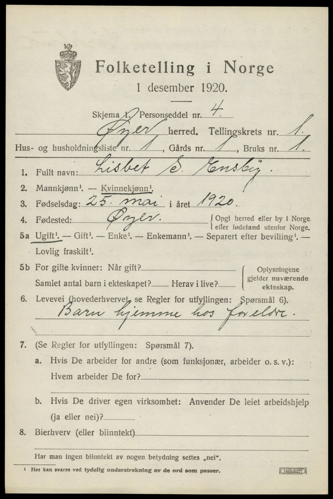 SAH, 1920 census for Øyer, 1920, p. 1209