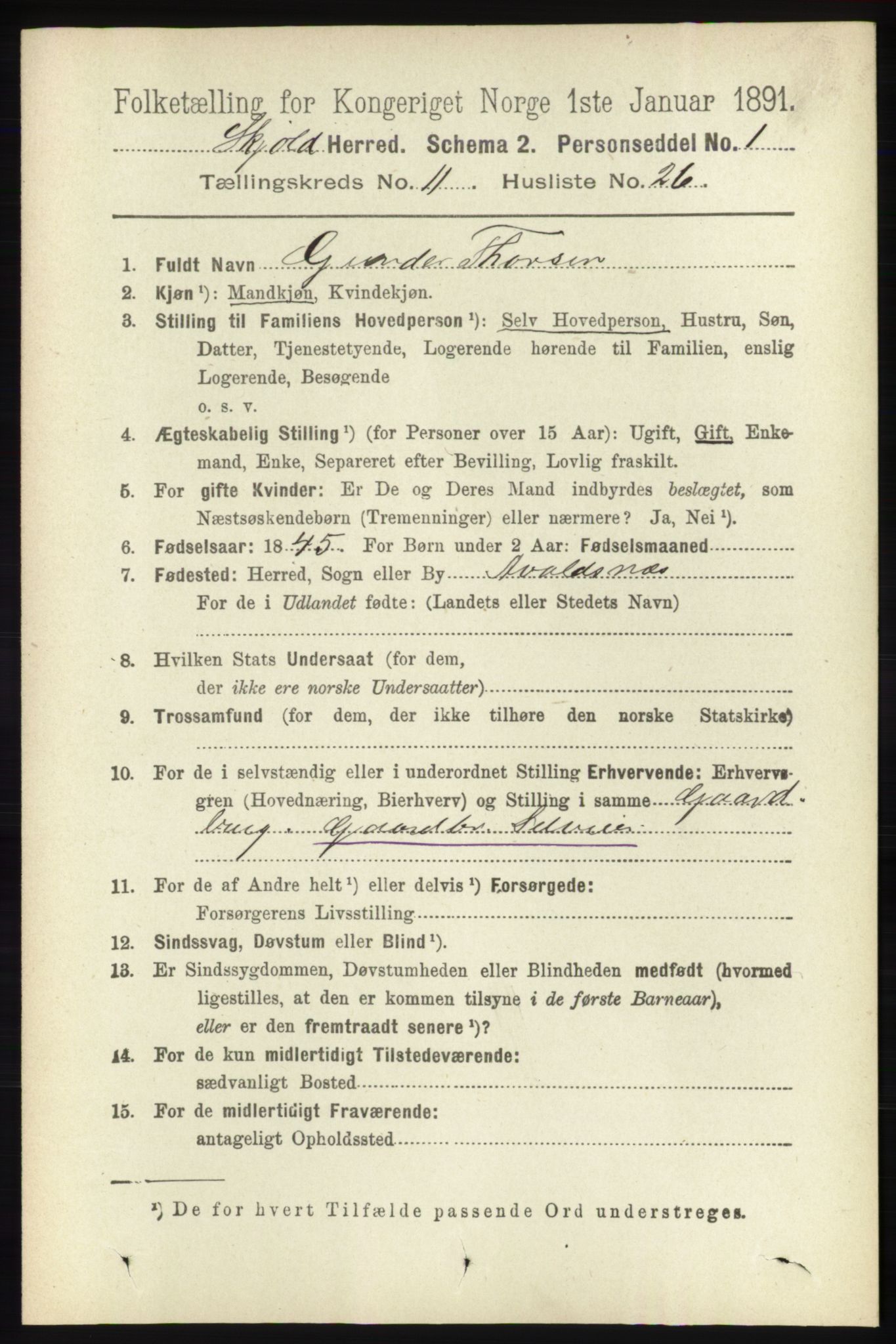 RA, 1891 census for 1154 Skjold, 1891, p. 2189