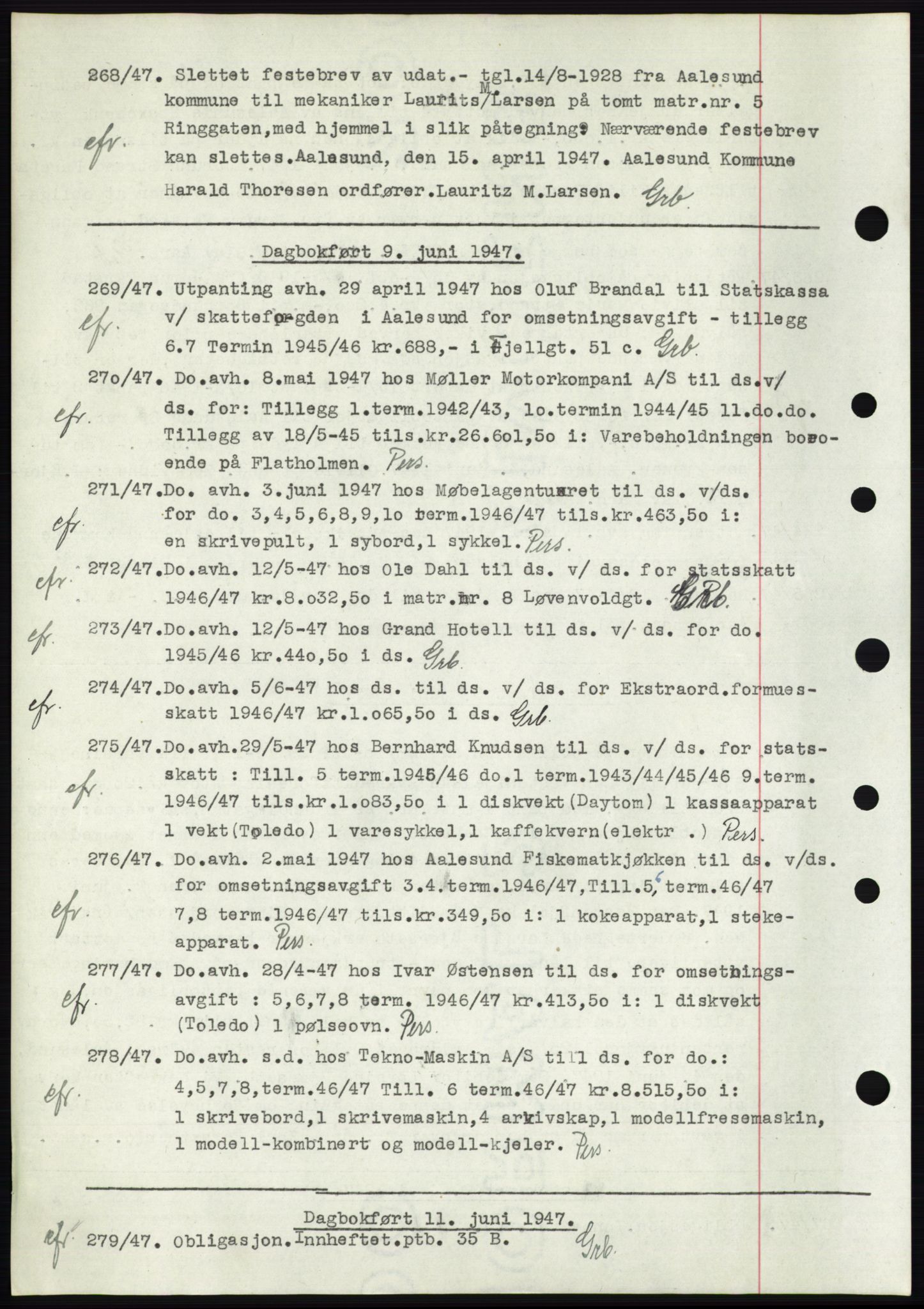 Ålesund byfogd, AV/SAT-A-4384: Mortgage book no. C34-35, 1946-1950, Diary no: : 268/1947