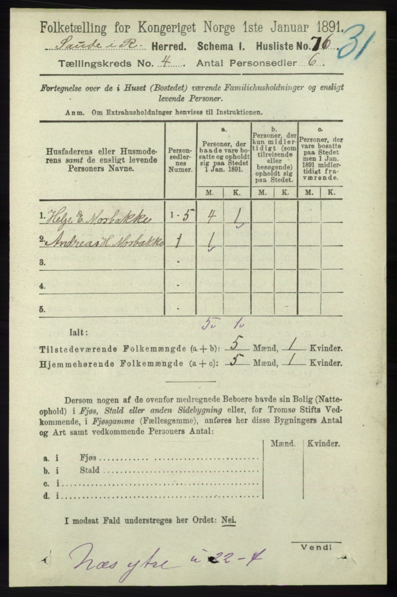 RA, 1891 census for 1135 Sauda, 1891, p. 1816