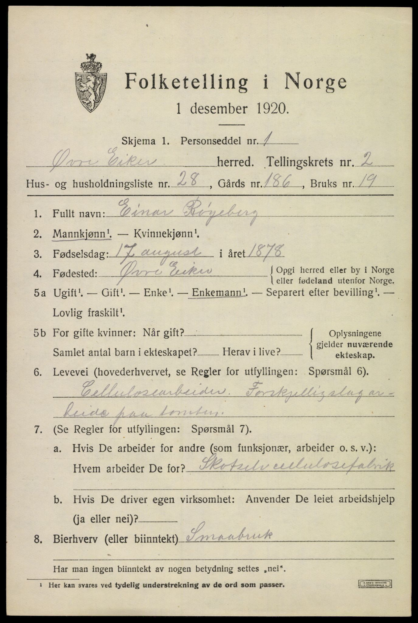 SAKO, 1920 census for Øvre Eiker, 1920, p. 6948