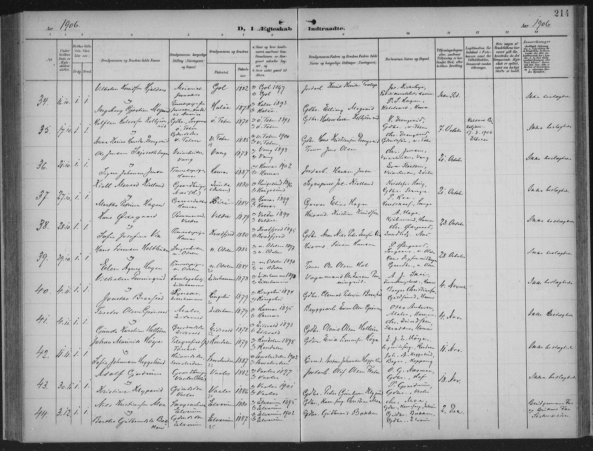 Hamar prestekontor, AV/SAH-DOMPH-002/H/Ha/Haa/L0001: Parish register (official) no. 1, 1900-1914, p. 214