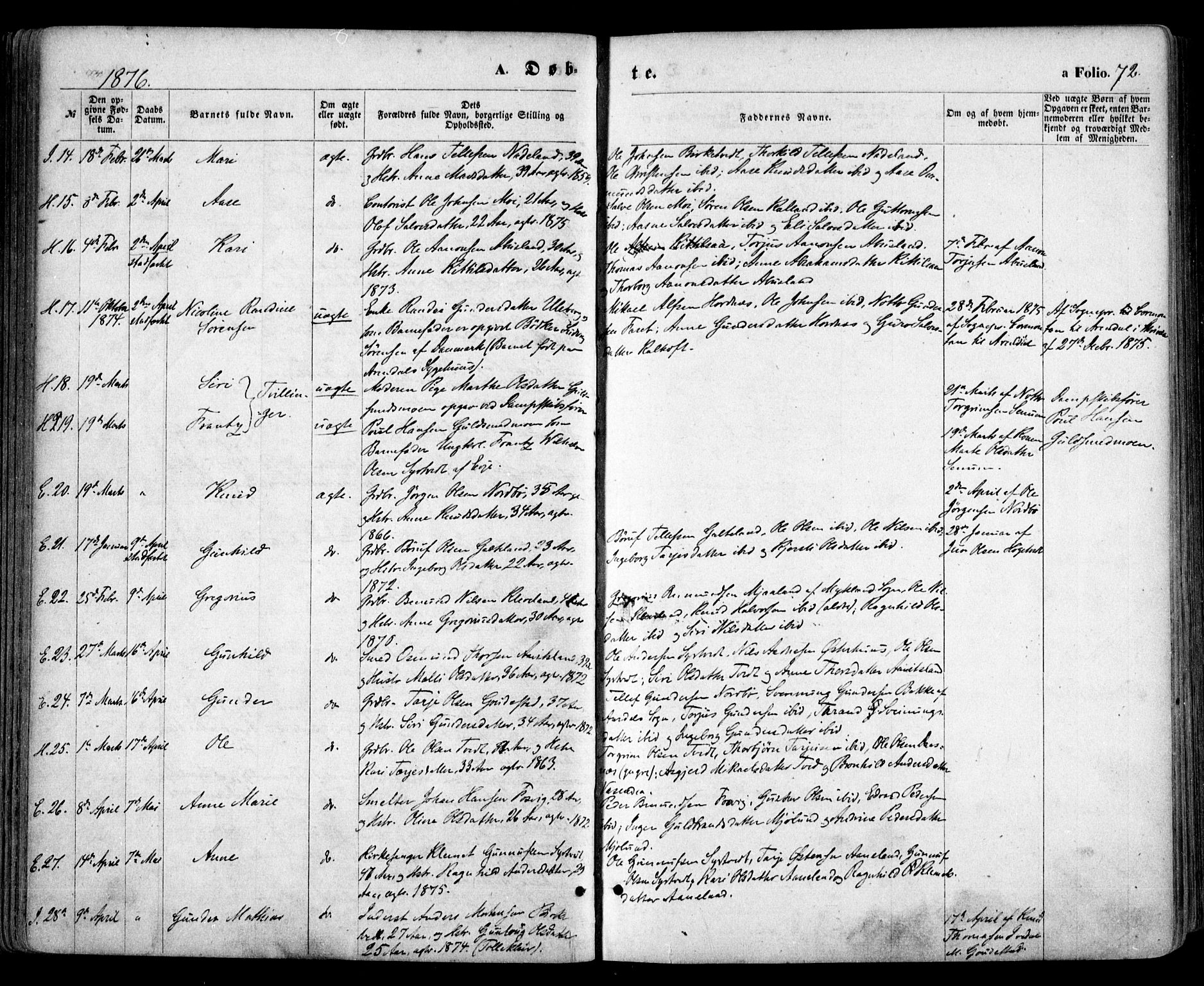 Evje sokneprestkontor, AV/SAK-1111-0008/F/Fa/Faa/L0006: Parish register (official) no. A 6, 1866-1884, p. 72