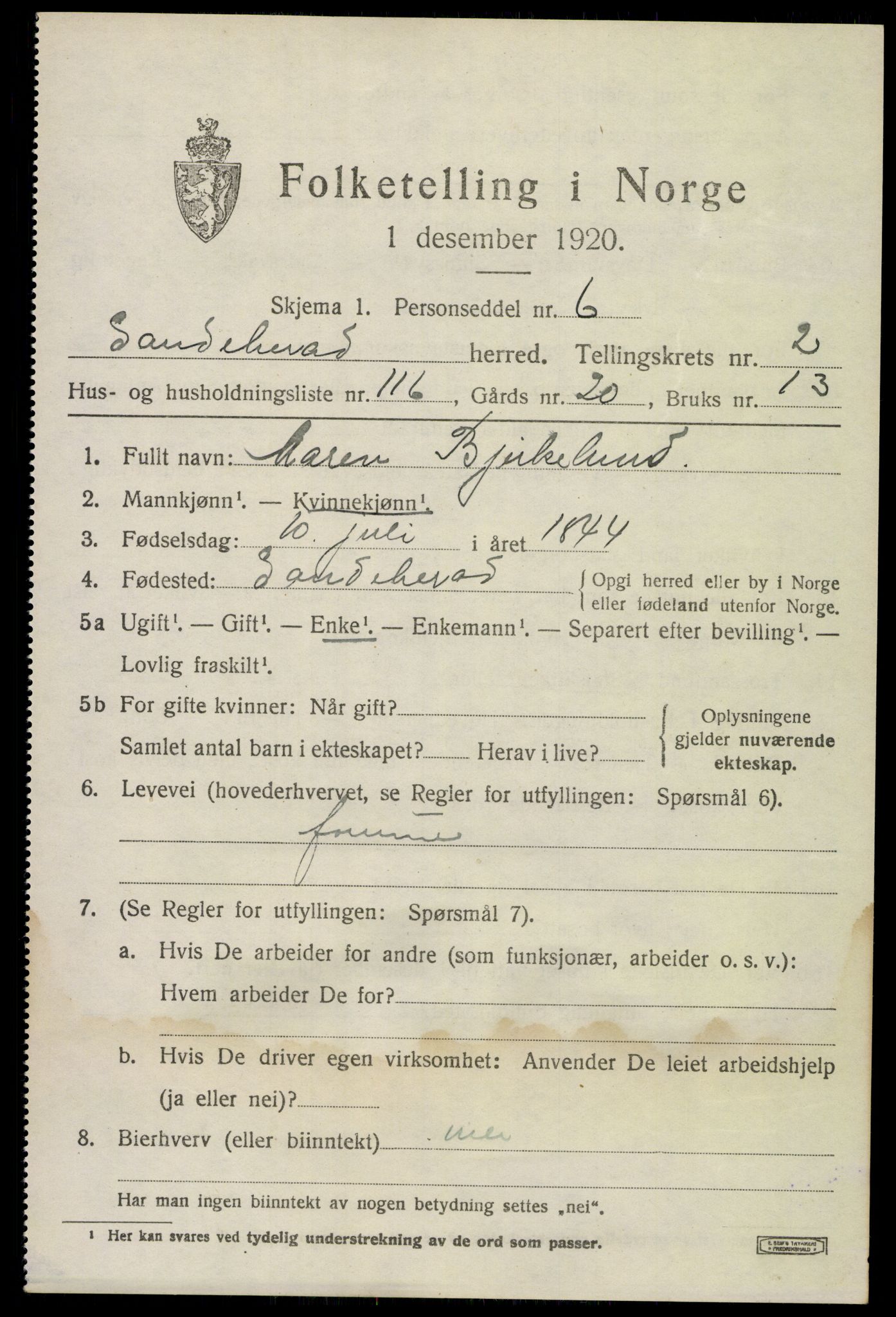 SAKO, 1920 census for Sandeherred, 1920, p. 5234