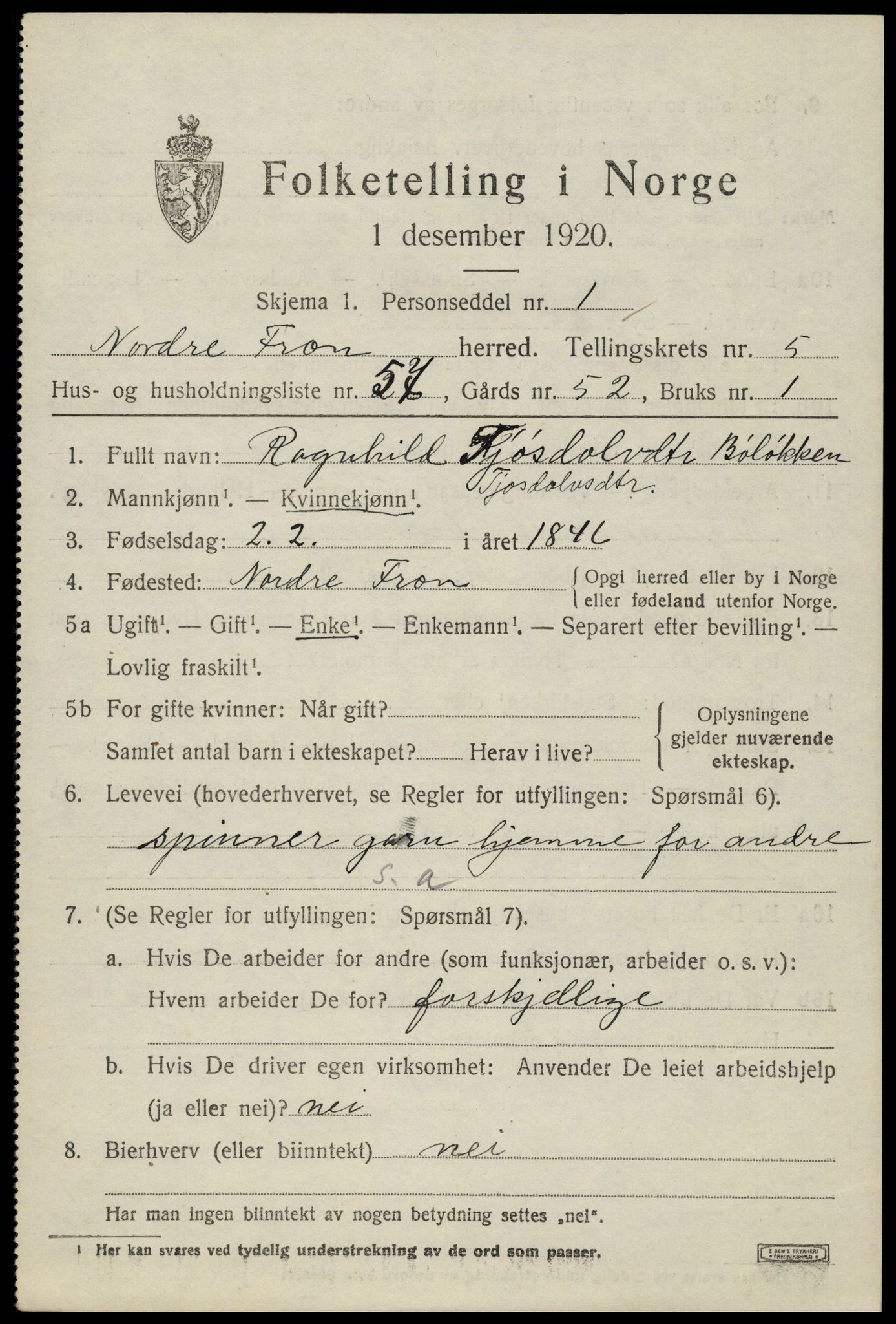 SAH, 1920 census for Nord-Fron, 1920, p. 5374