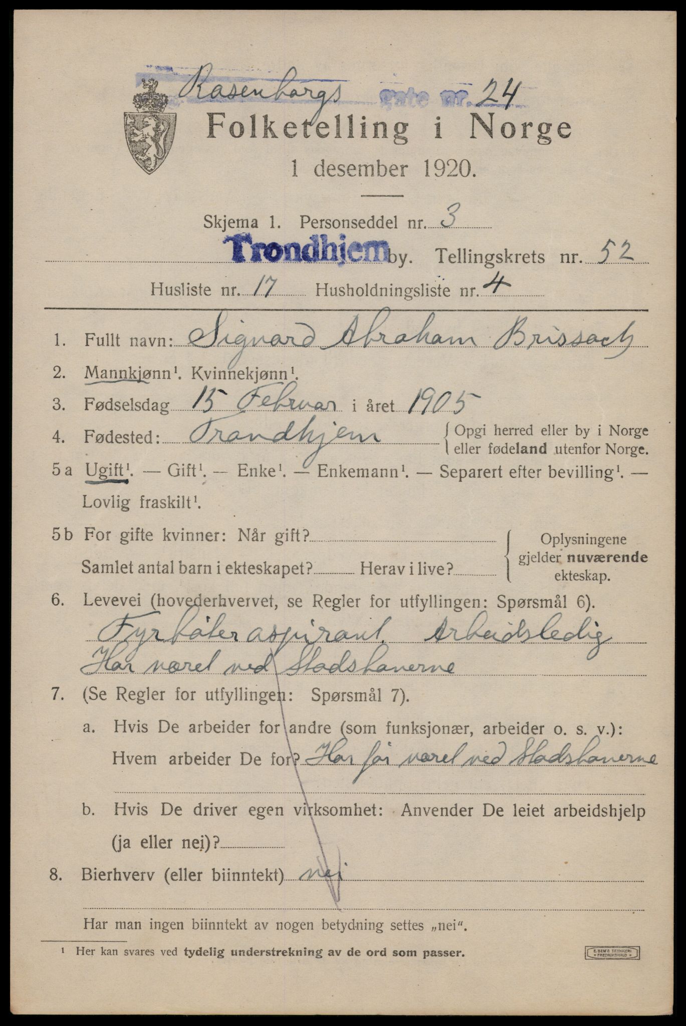 SAT, 1920 census for Trondheim, 1920, p. 107426