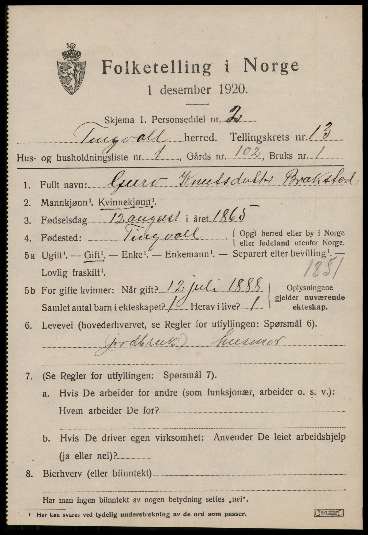 SAT, 1920 census for Tingvoll, 1920, p. 6796