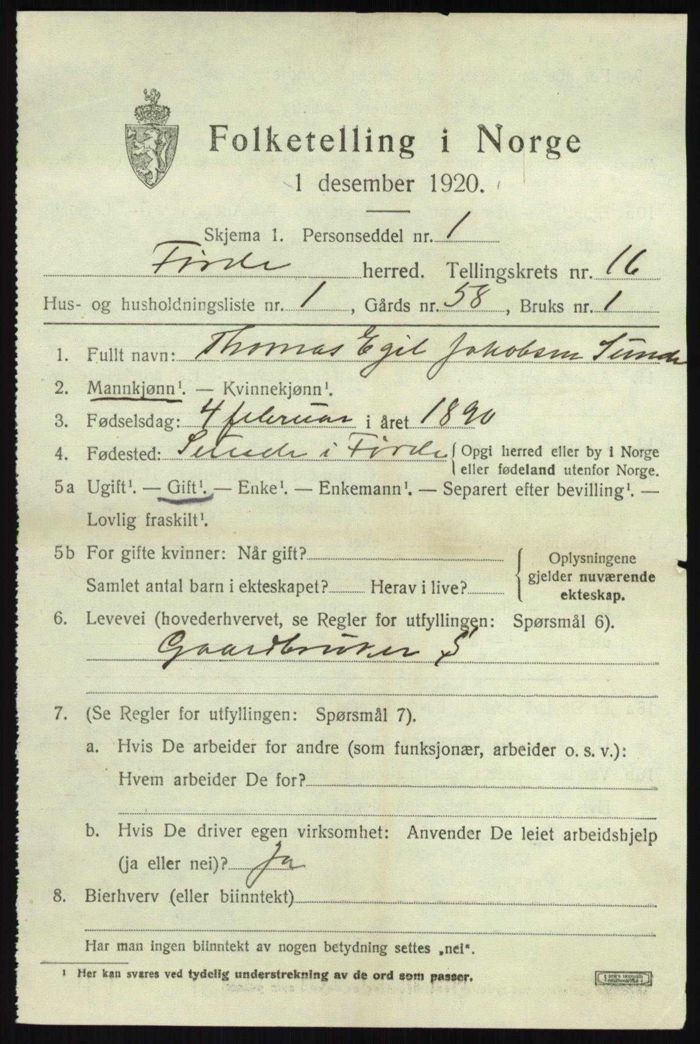 SAB, 1920 census for Førde, 1920, p. 5350