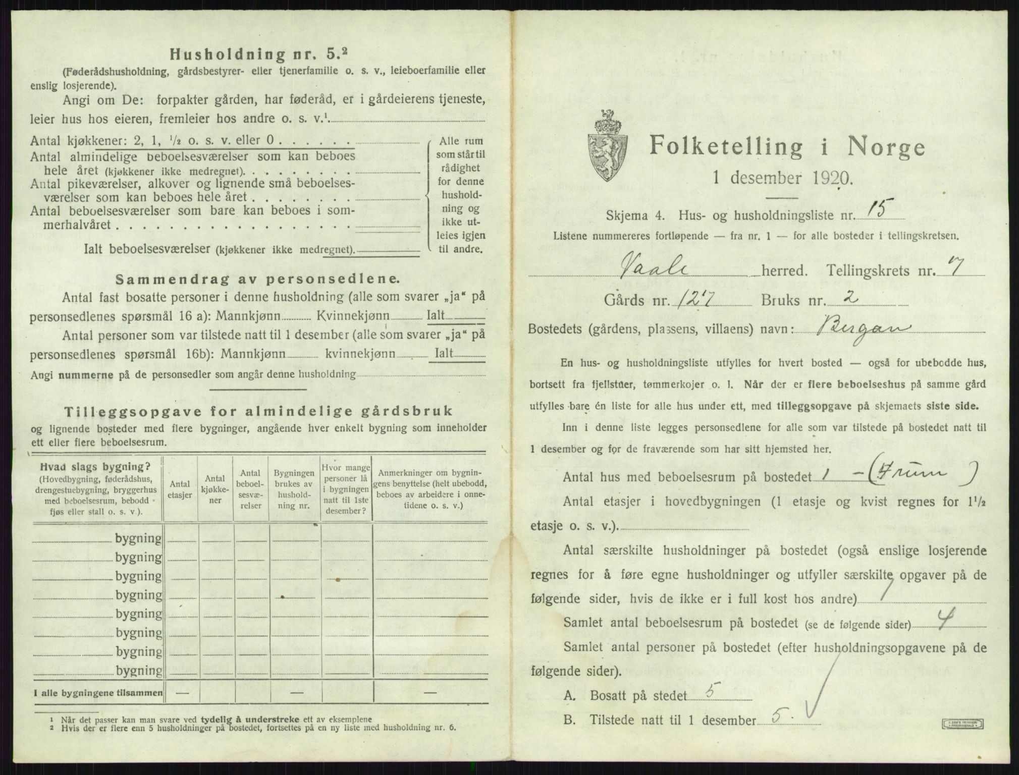 SAKO, 1920 census for Våle, 1920, p. 885