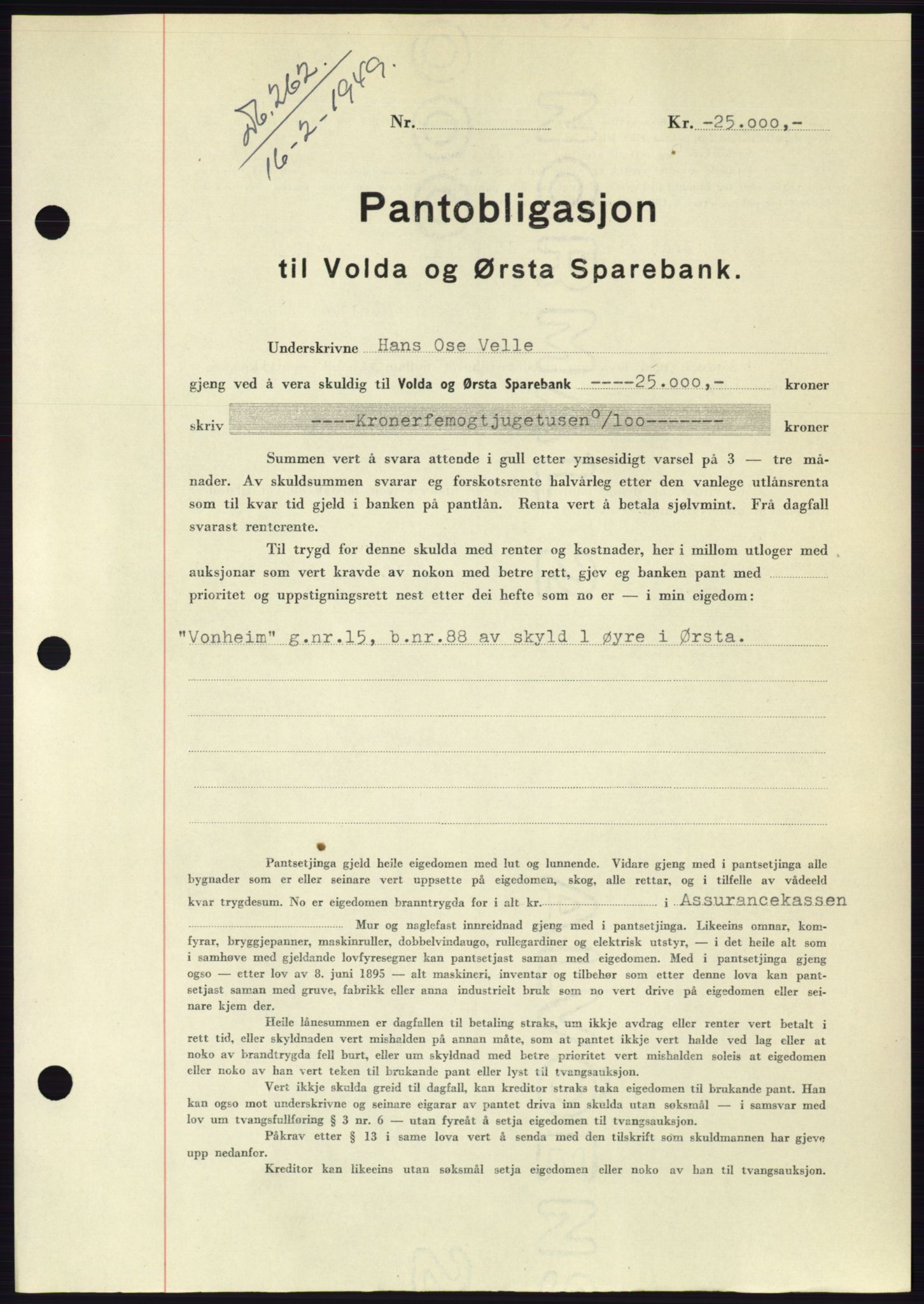 Søre Sunnmøre sorenskriveri, AV/SAT-A-4122/1/2/2C/L0116: Mortgage book no. 4B, 1948-1949, Diary no: : 262/1949