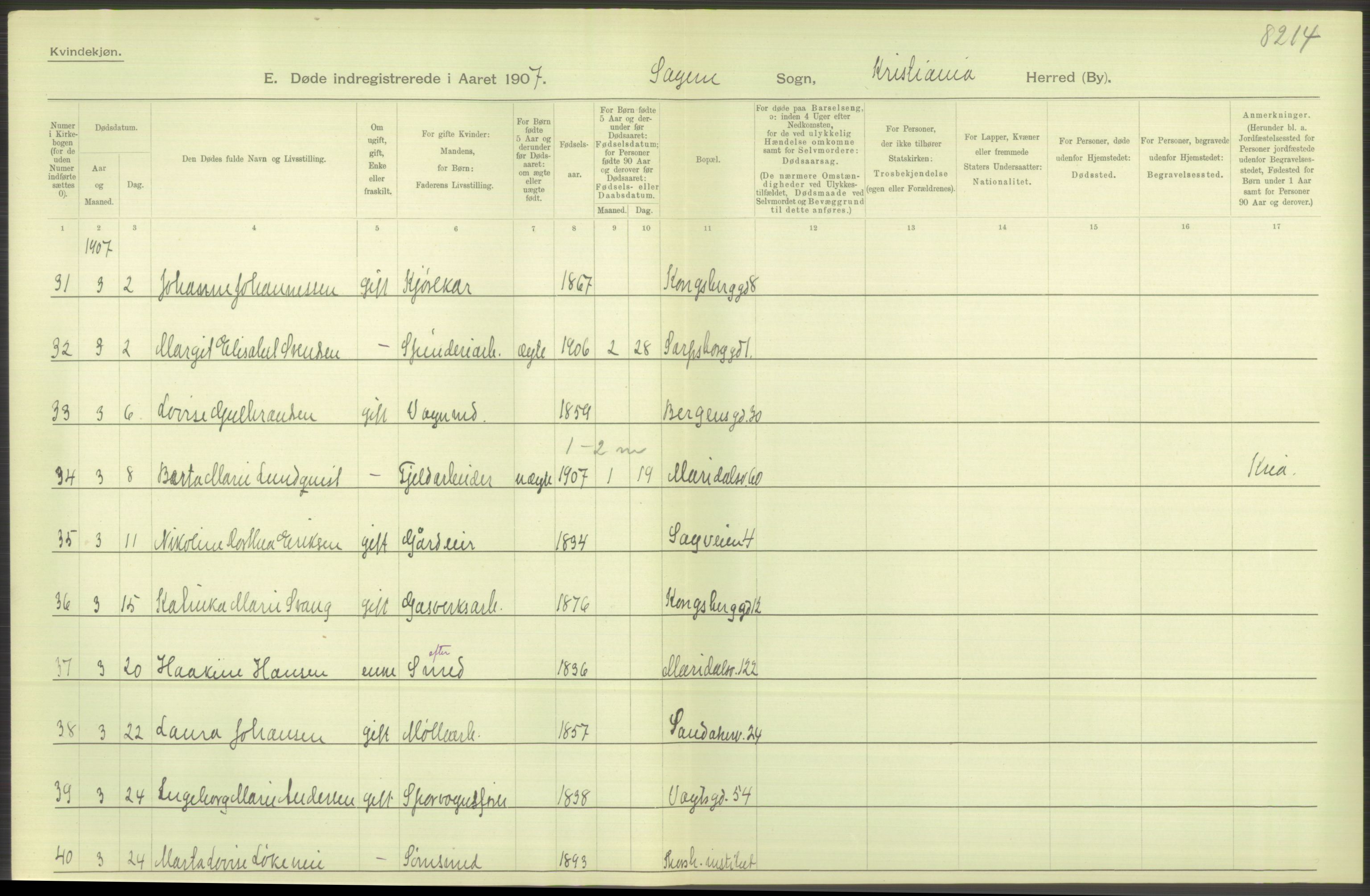 Statistisk sentralbyrå, Sosiodemografiske emner, Befolkning, AV/RA-S-2228/D/Df/Dfa/Dfae/L0009: Kristiania: Døde, 1907, p. 56