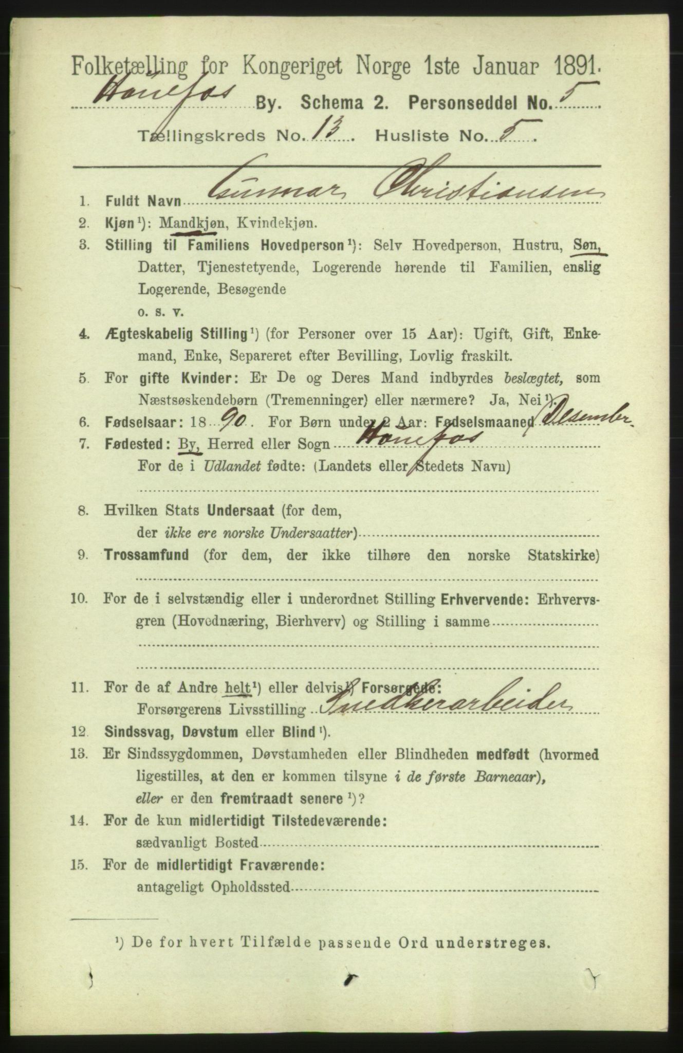 RA, 1891 census for 0601 Hønefoss, 1891, p. 1637