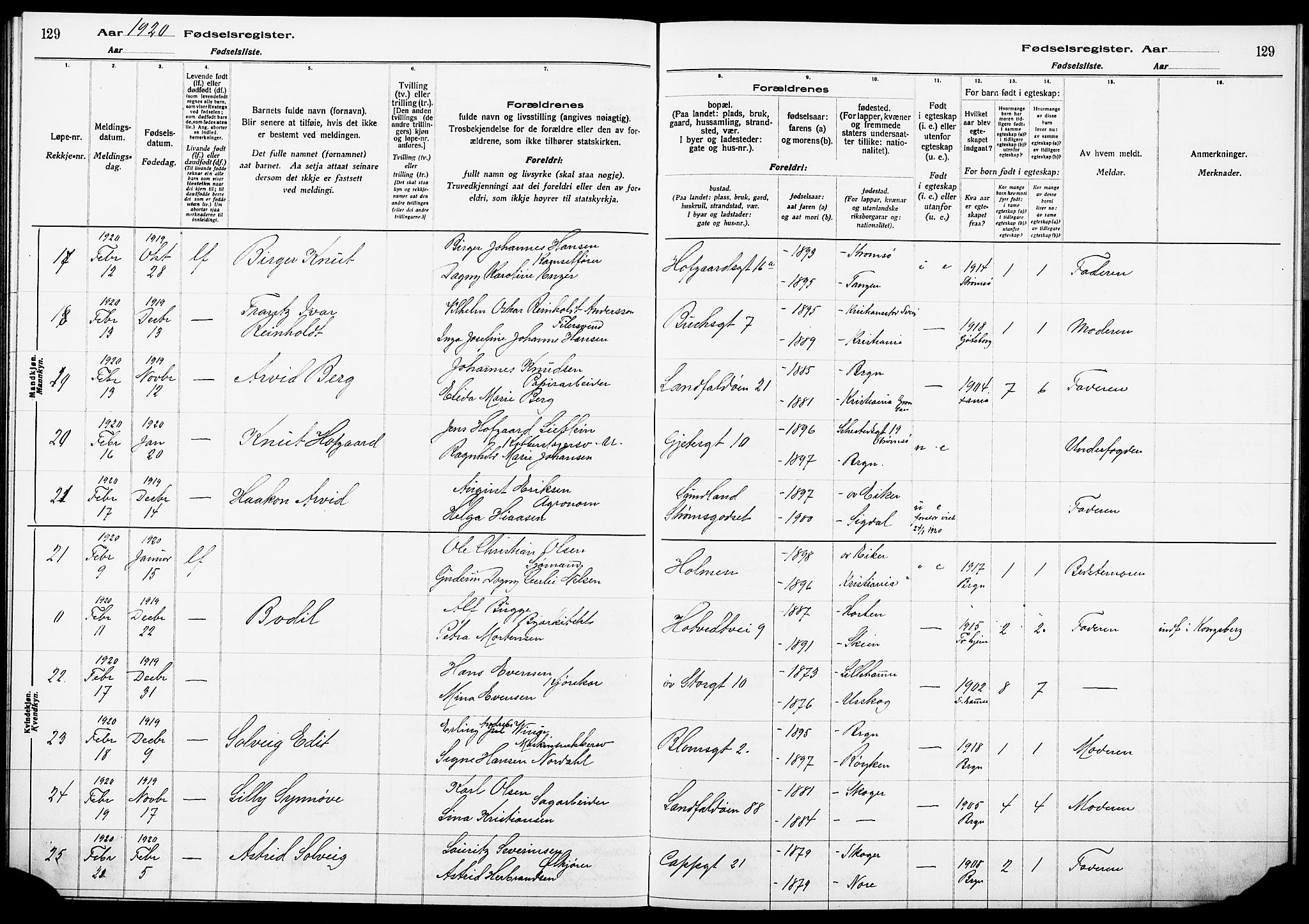 Bragernes kirkebøker, AV/SAKO-A-6/J/Ja/L0001: Birth register no. 1, 1916-1922, p. 129