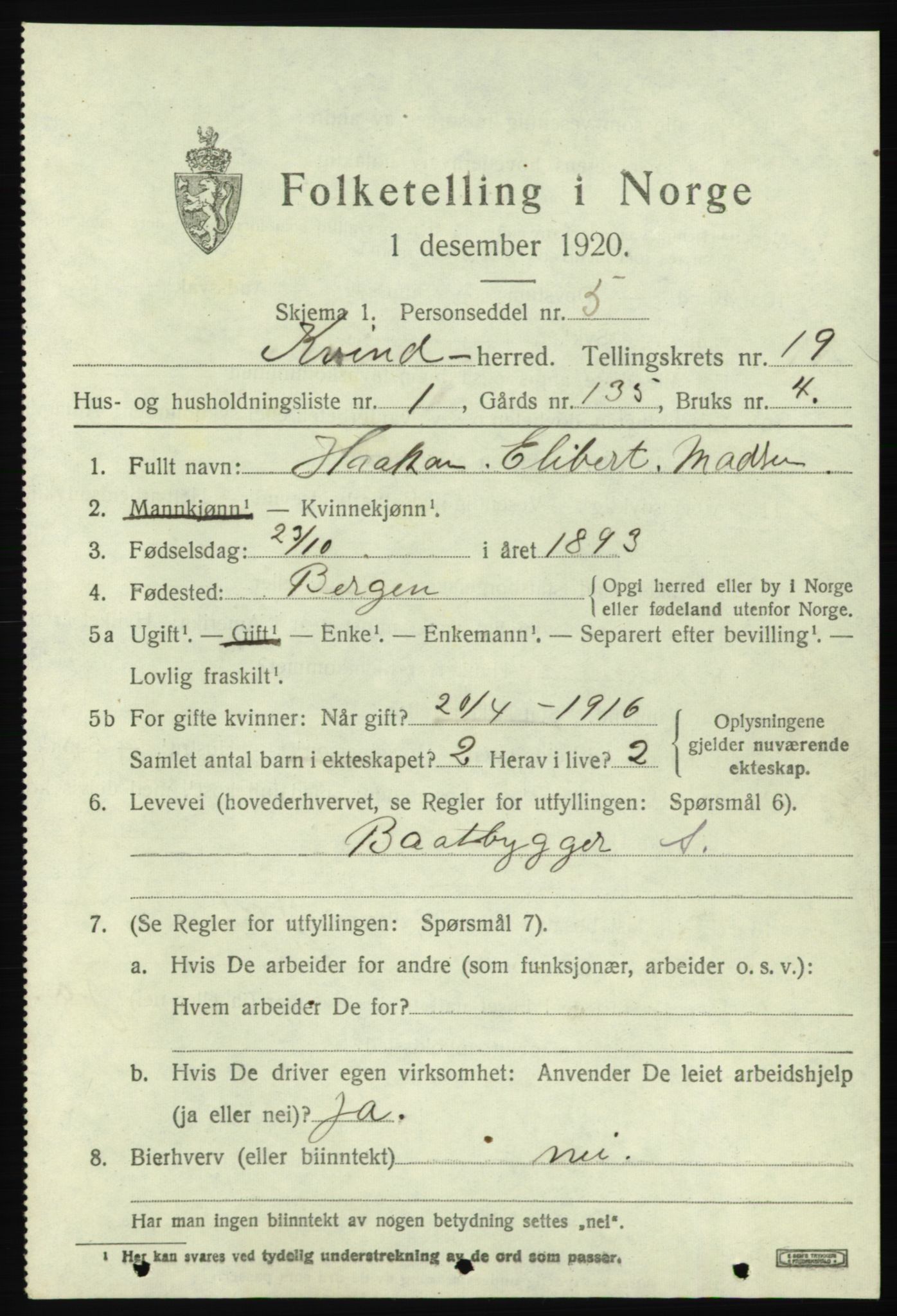 SAB, 1920 census for Kvinnherad, 1920, p. 11894