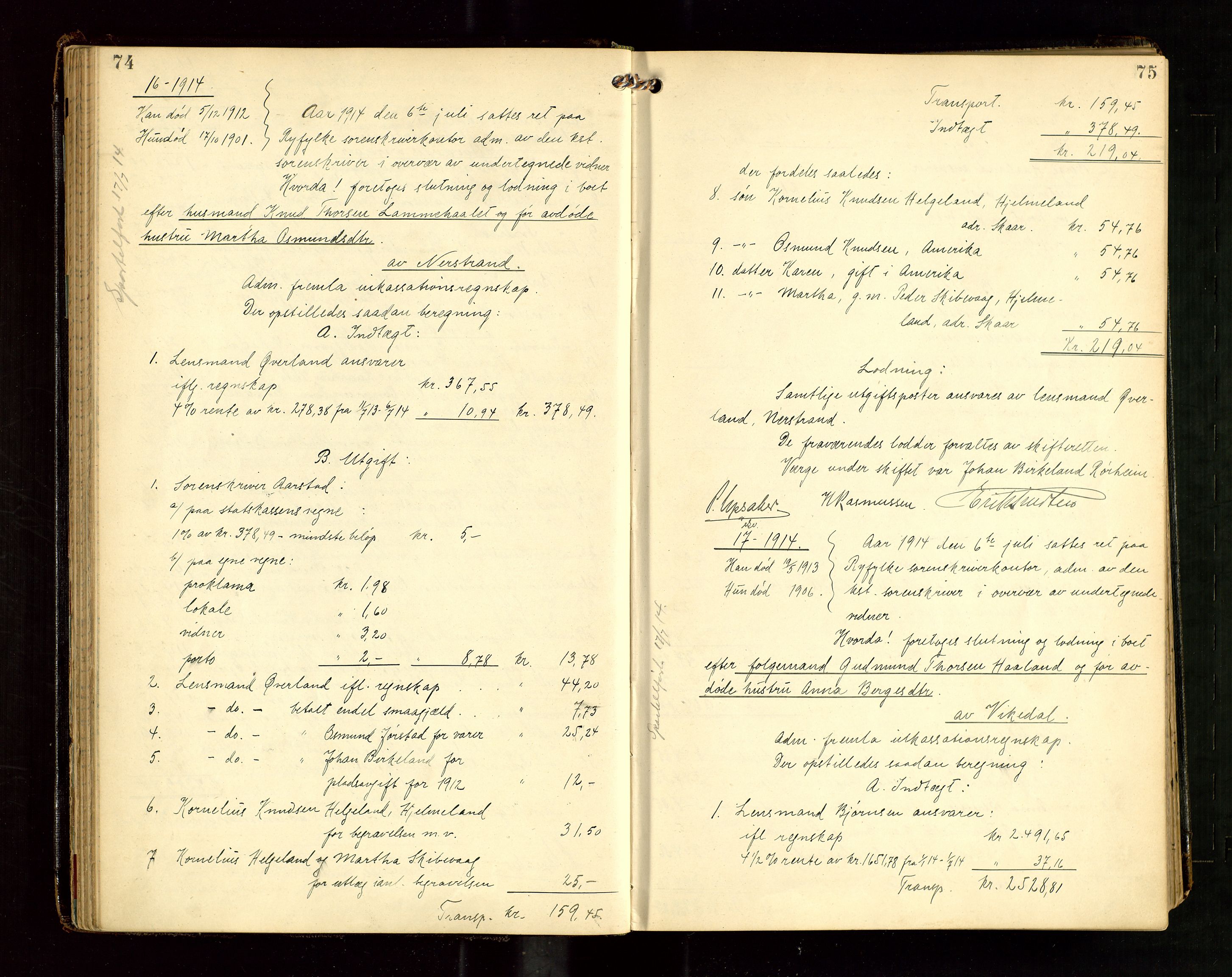 Ryfylke tingrett, AV/SAST-A-100055/001/IV/IVG/L0004: Skifteutlodningsprotokoll Med register, 1912-1918, p. 74-75