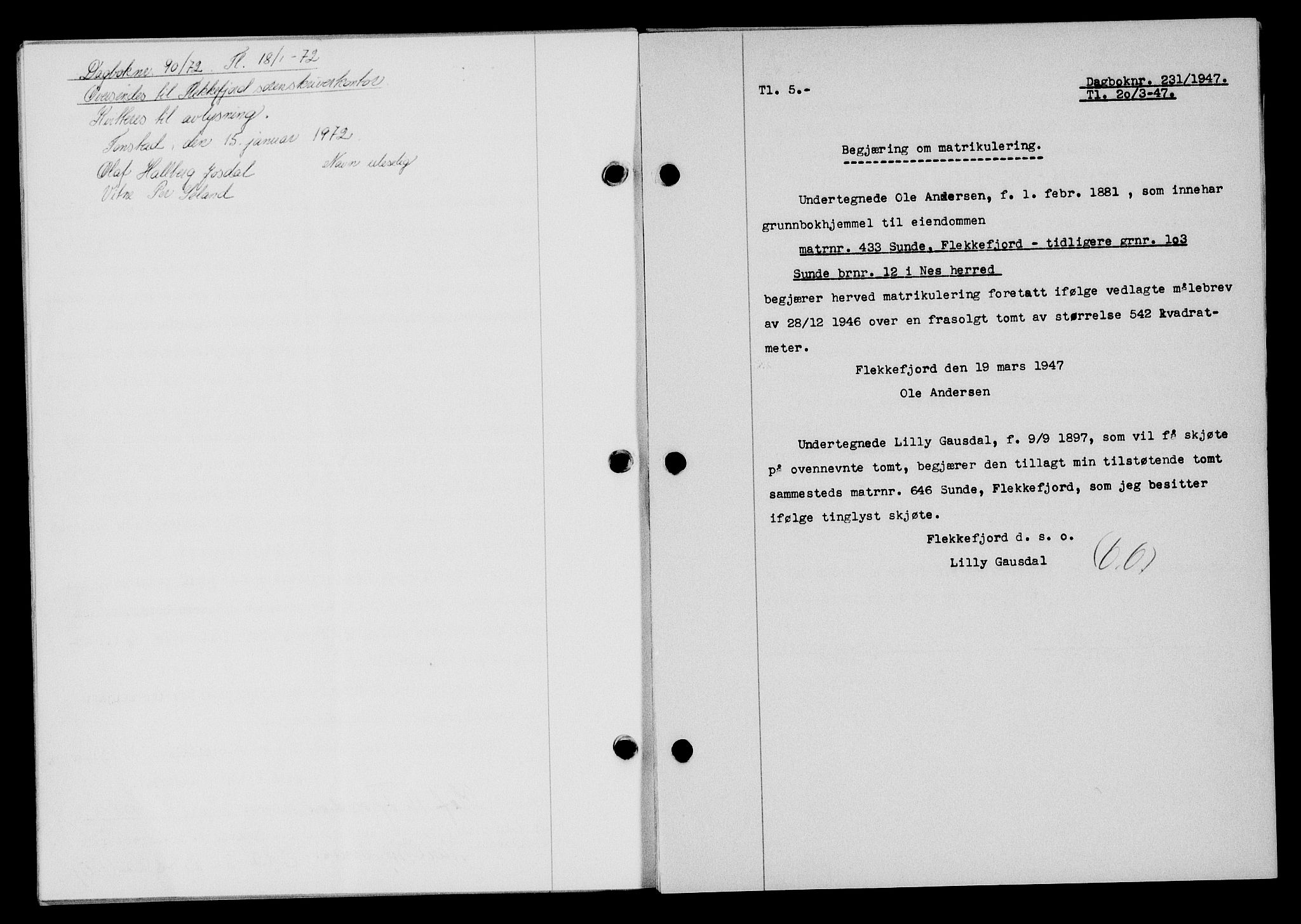 Flekkefjord sorenskriveri, SAK/1221-0001/G/Gb/Gba/L0061: Mortgage book no. A-9, 1946-1947, Diary no: : 231/1947