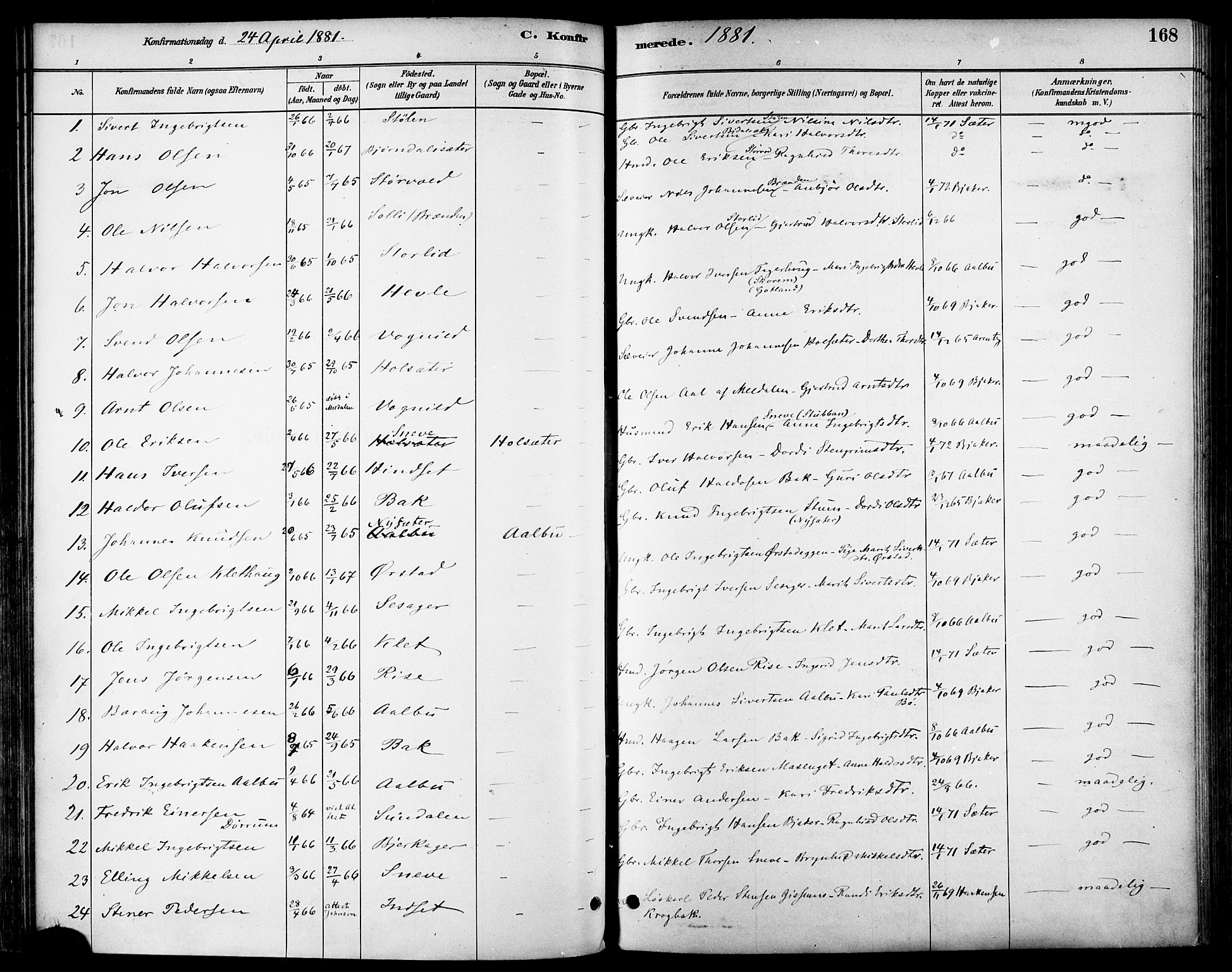Ministerialprotokoller, klokkerbøker og fødselsregistre - Sør-Trøndelag, SAT/A-1456/678/L0901: Parish register (official) no. 678A10, 1881-1894, p. 168