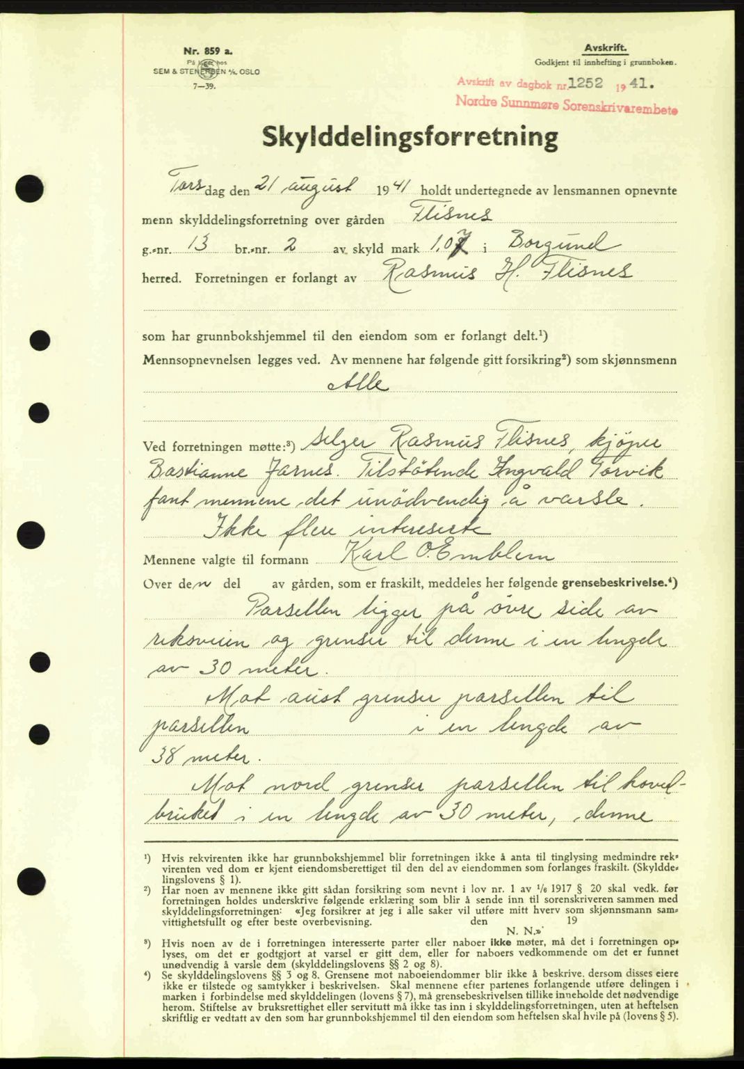 Nordre Sunnmøre sorenskriveri, SAT/A-0006/1/2/2C/2Ca: Mortgage book no. A11, 1941-1941, Diary no: : 1252/1941