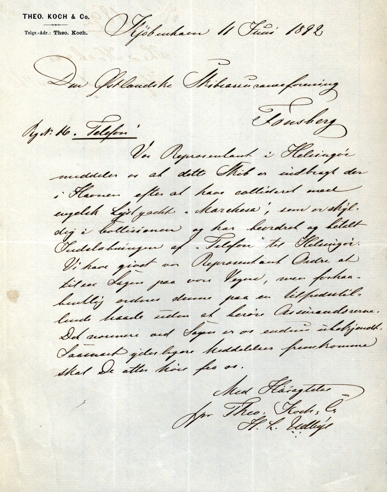 Pa 63 - Østlandske skibsassuranceforening, VEMU/A-1079/G/Ga/L0028/0004: Havaridokumenter / Hurtig, Helene, Hans Nielsen Hauge, Telefon, Zeppora, 1892, p. 18