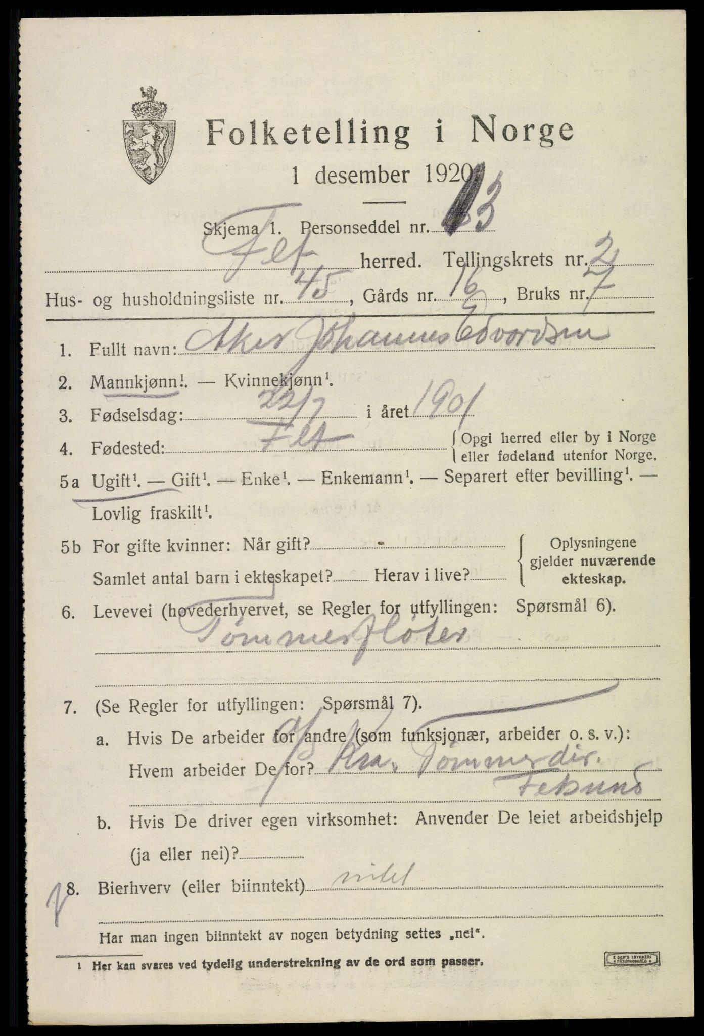 SAO, 1920 census for Fet, 1920, p. 3380