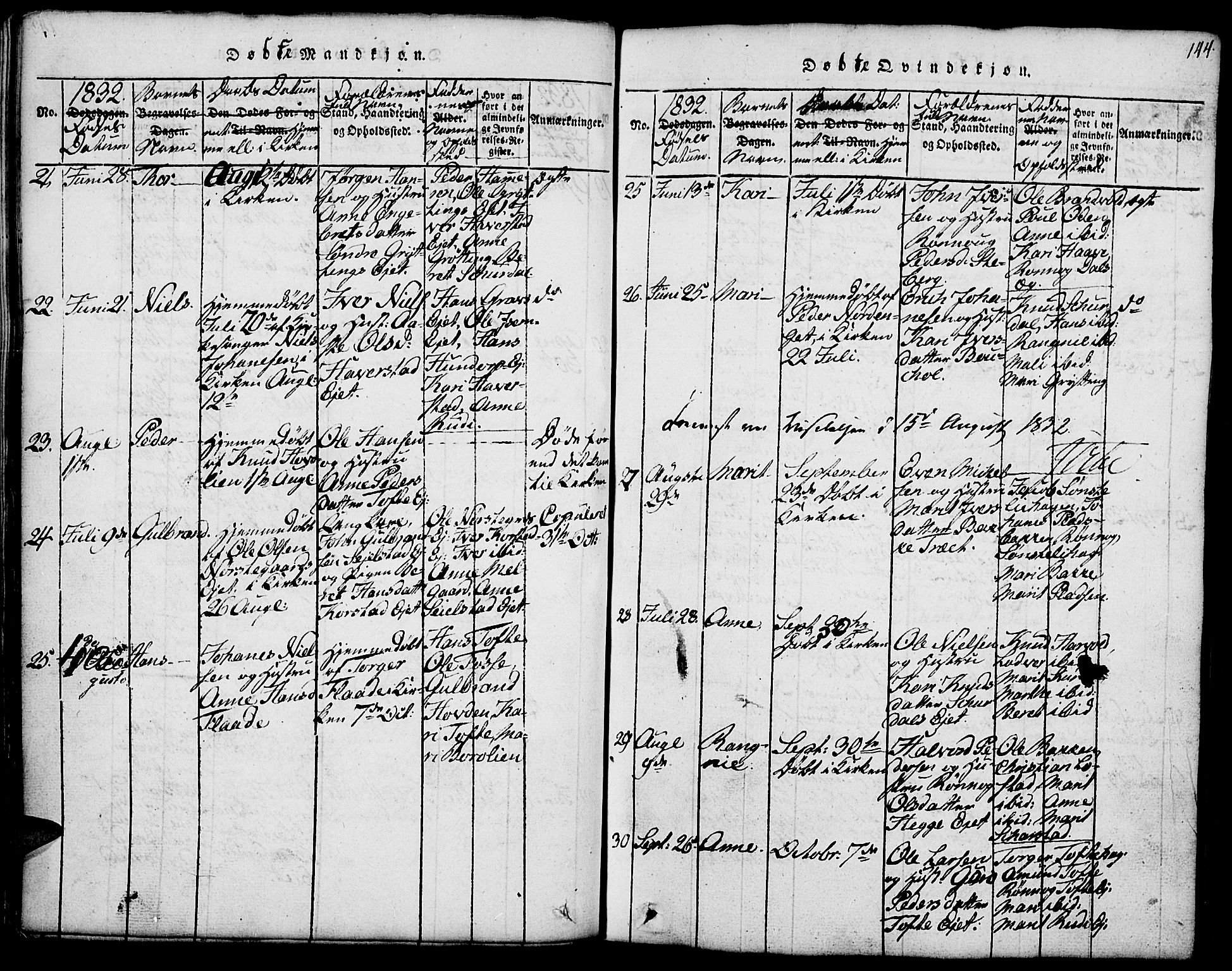 Fron prestekontor, SAH/PREST-078/H/Ha/Hab/L0001: Parish register (copy) no. 1, 1816-1843, p. 144