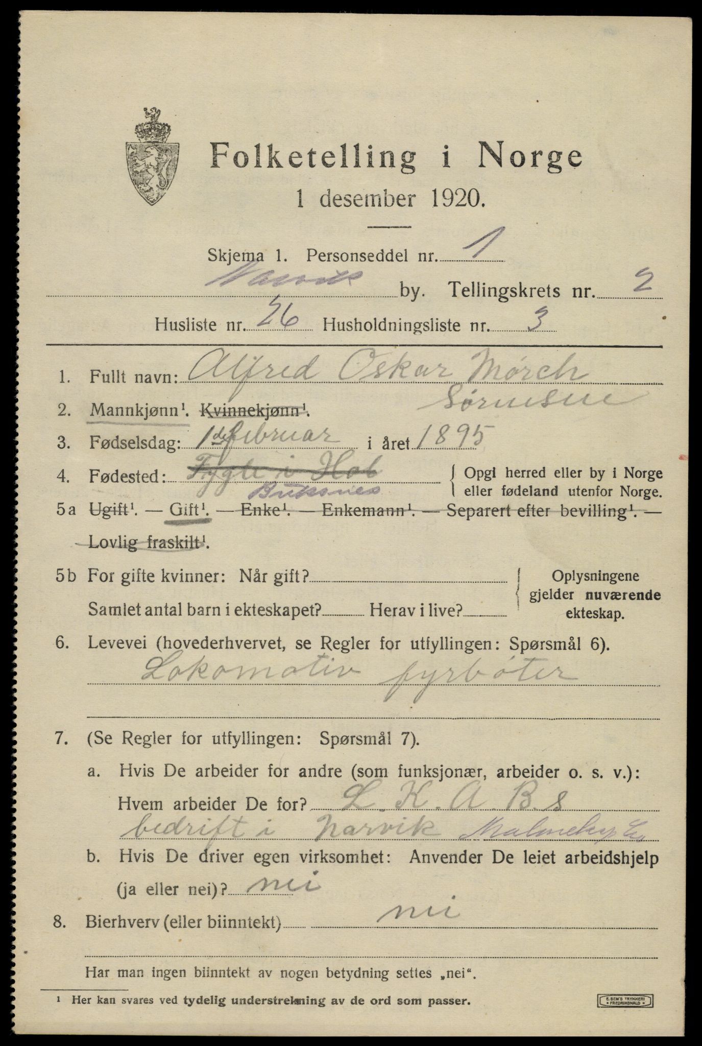 SAT, 1920 census for Narvik, 1920, p. 8506