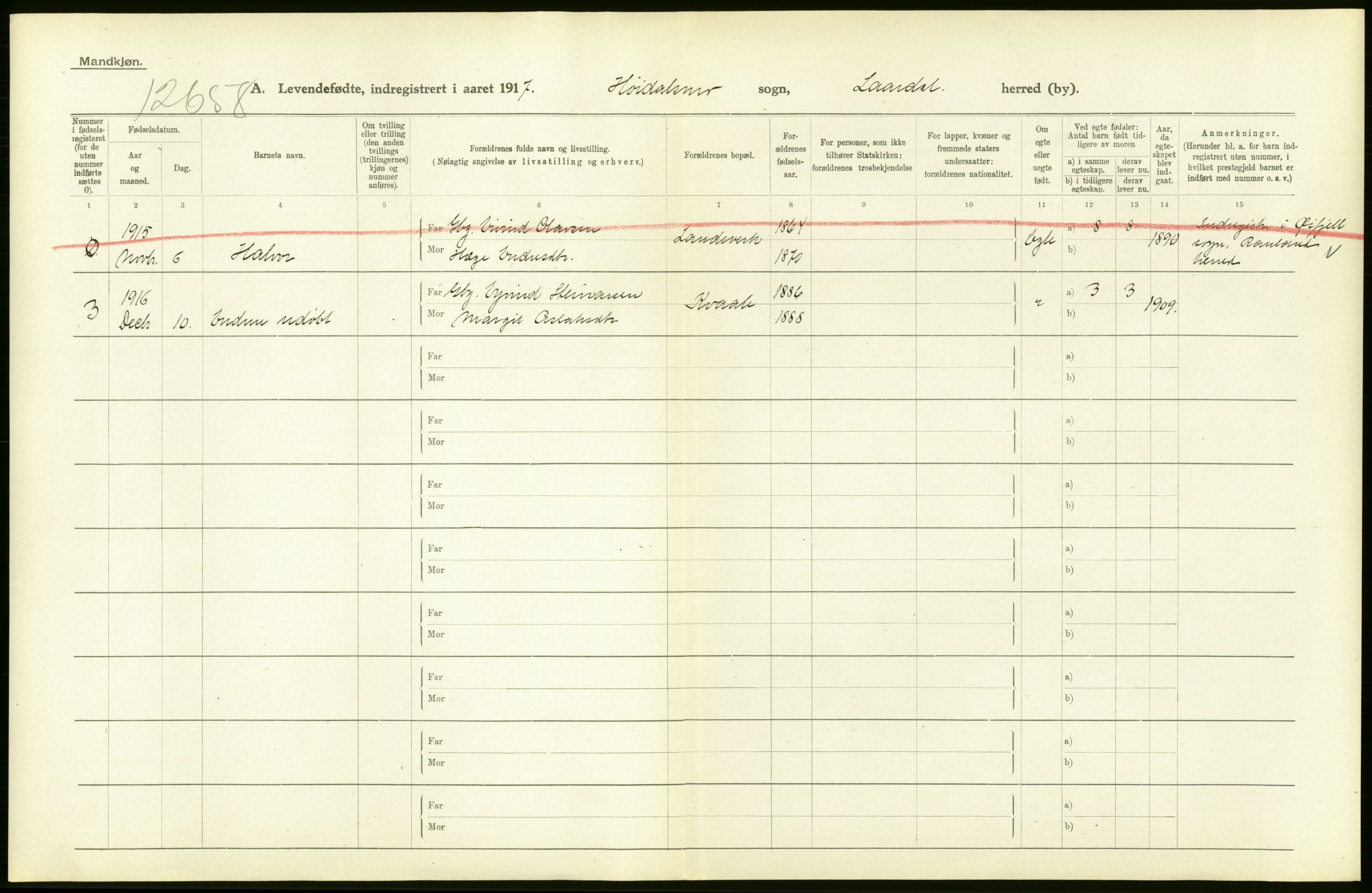 Statistisk sentralbyrå, Sosiodemografiske emner, Befolkning, AV/RA-S-2228/D/Df/Dfb/Dfbf/L0022: Bratsberg amt: Levendefødte menn og kvinner. Bygder., 1916, p. 18