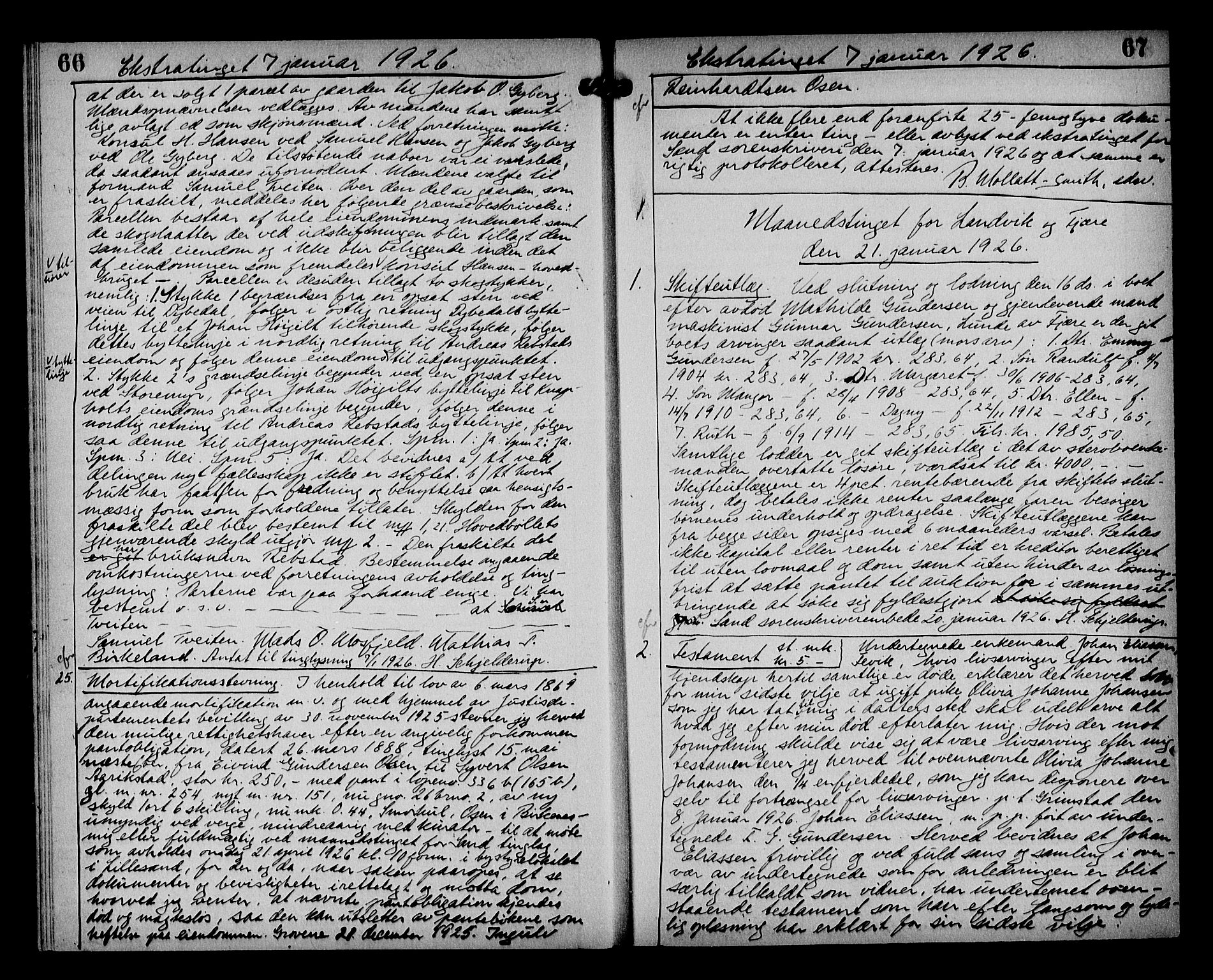 Vestre Nedenes/Sand sorenskriveri, AV/SAK-1221-0010/G/Gb/Gba/L0035: Mortgage book no. 61, 1925-1929, p. 66-67