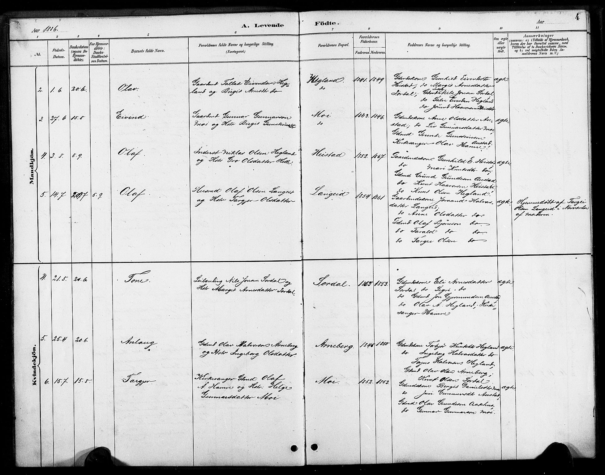 Bygland sokneprestkontor, SAK/1111-0006/F/Fa/Faa/L0001: Parish register (official) no. A 1, 1885-1908, p. 4