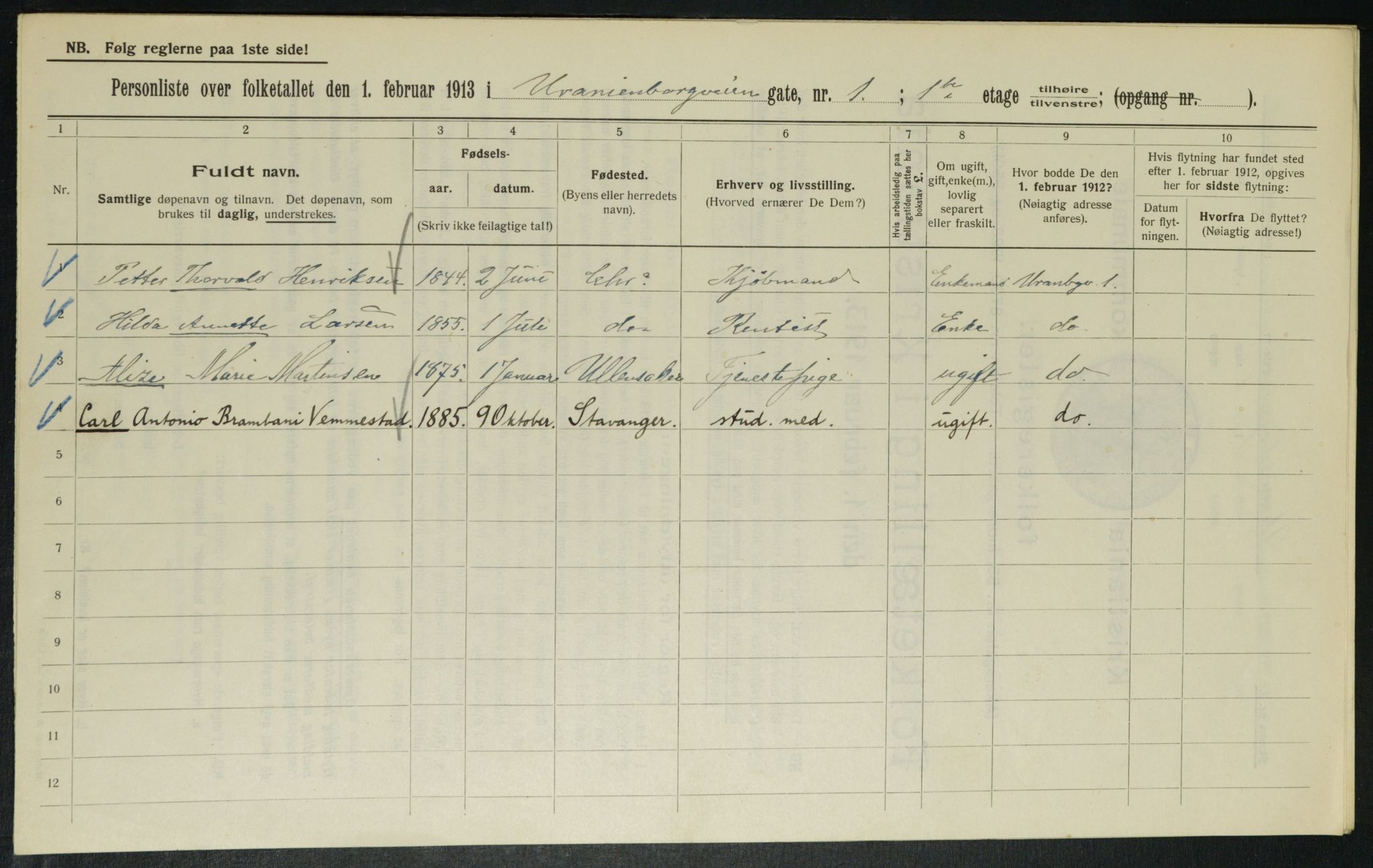 OBA, Municipal Census 1913 for Kristiania, 1913, p. 120276