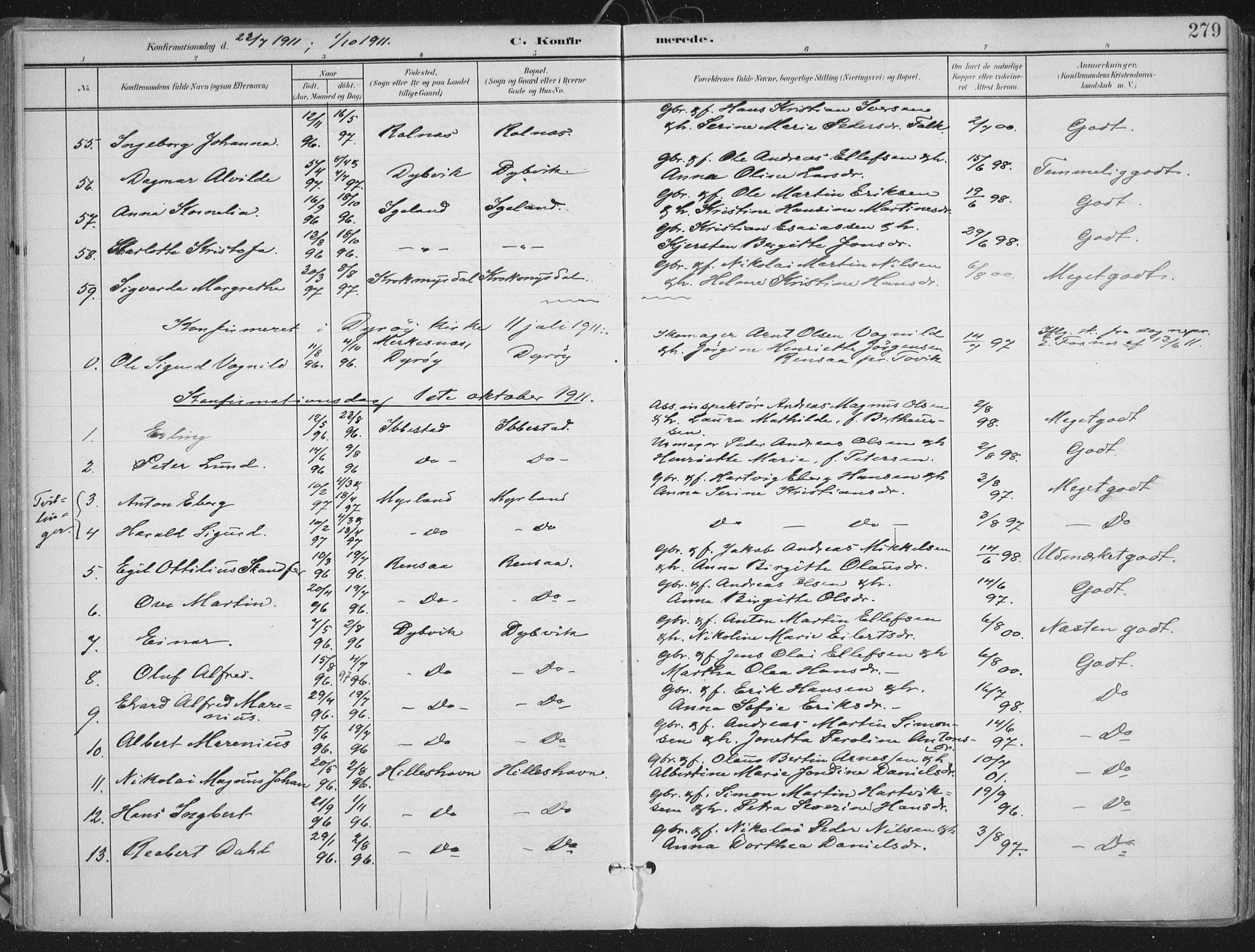 Ibestad sokneprestembete, AV/SATØ-S-0077/H/Ha/Haa/L0017kirke: Parish register (official) no. 17, 1901-1914, p. 279