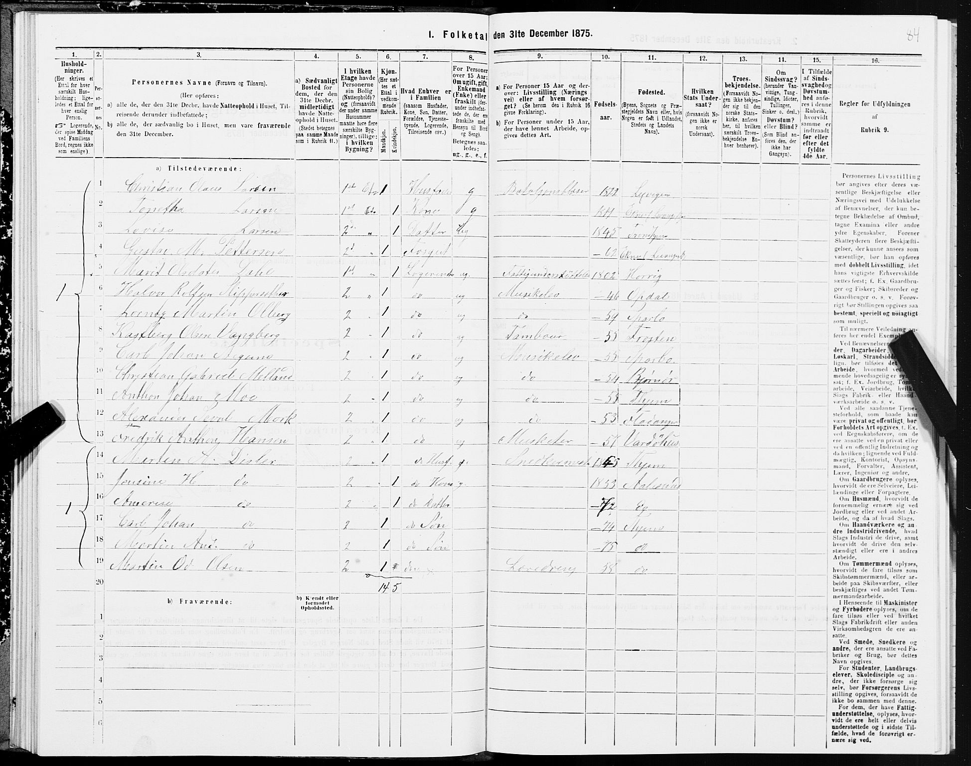 SAT, 1875 census for 1601 Trondheim, 1875, p. 7084