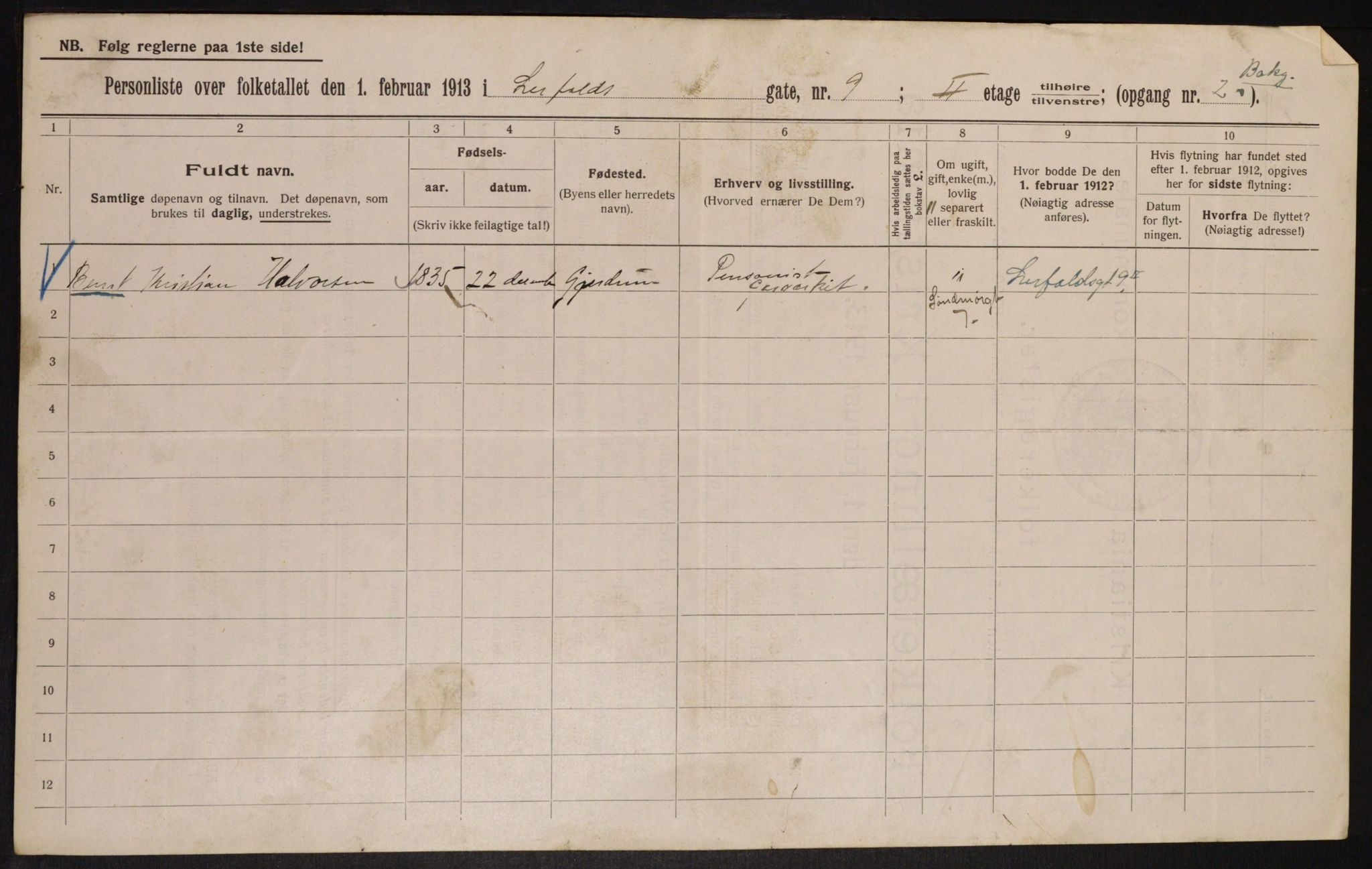 OBA, Municipal Census 1913 for Kristiania, 1913, p. 57186