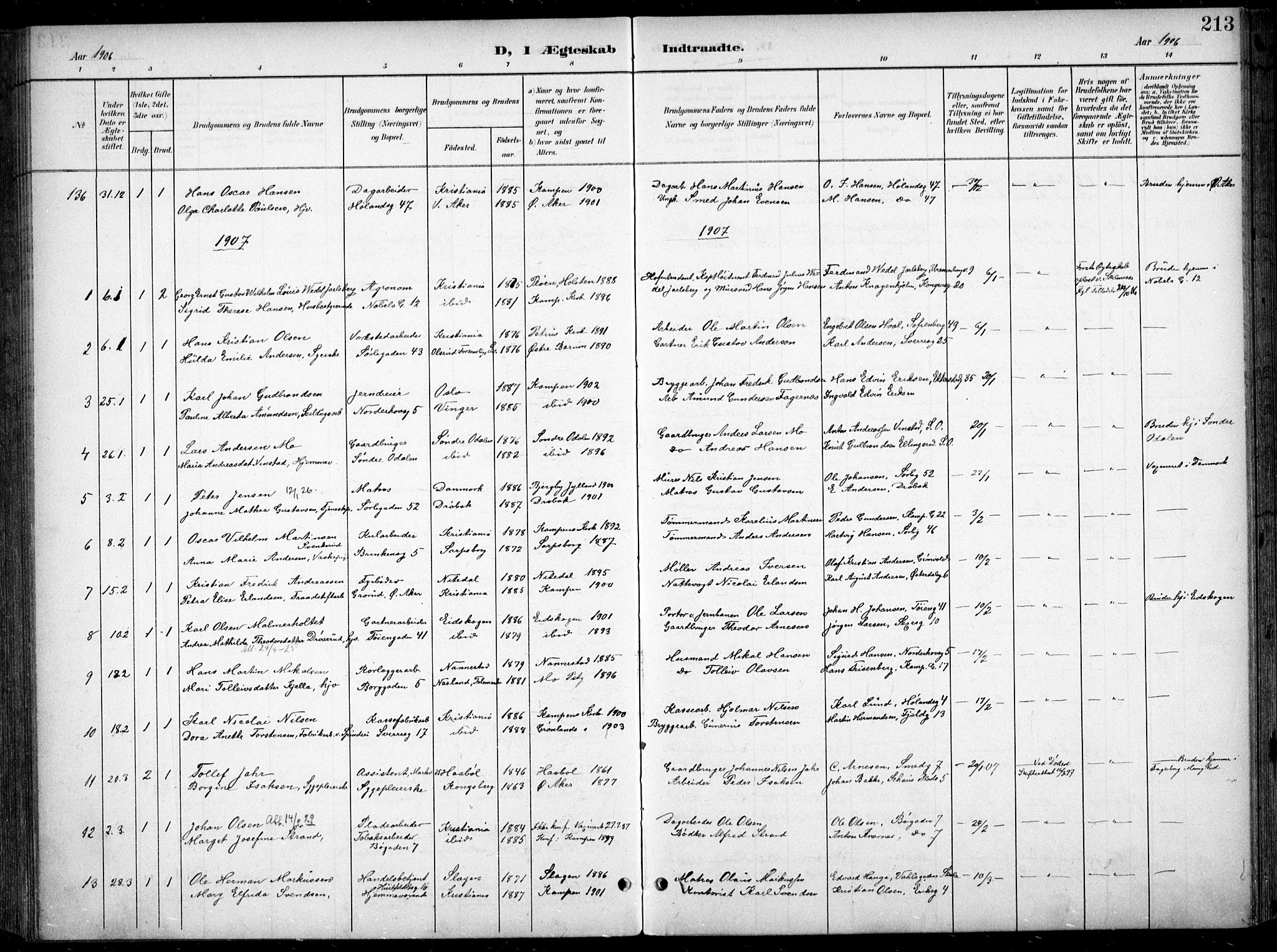 Kampen prestekontor Kirkebøker, SAO/A-10853/F/Fa/L0009: Parish register (official) no. I 9, 1899-1911, p. 213