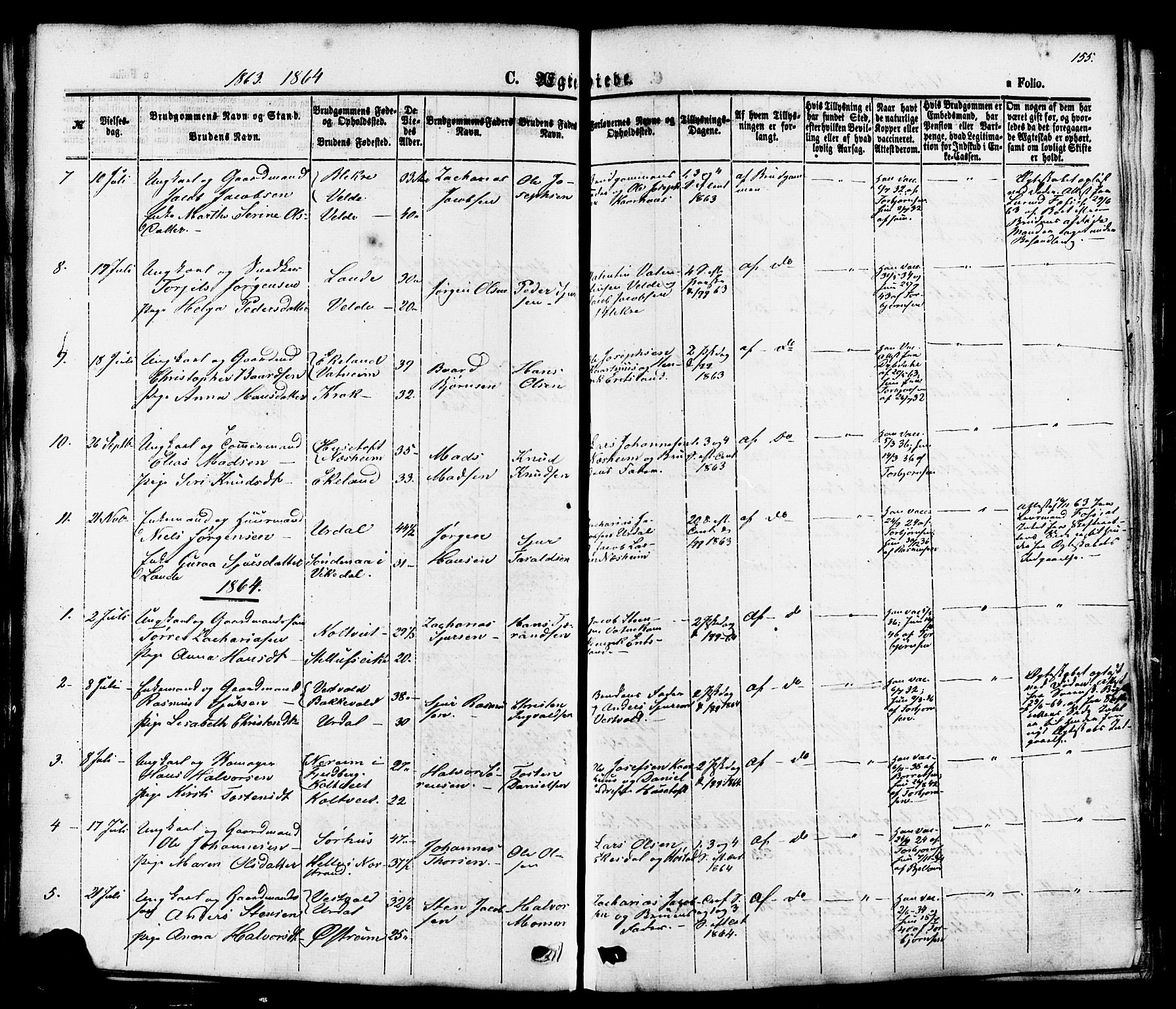 Skjold sokneprestkontor, AV/SAST-A-101847/H/Ha/Haa/L0007: Parish register (official) no. A 7, 1857-1882, p. 155