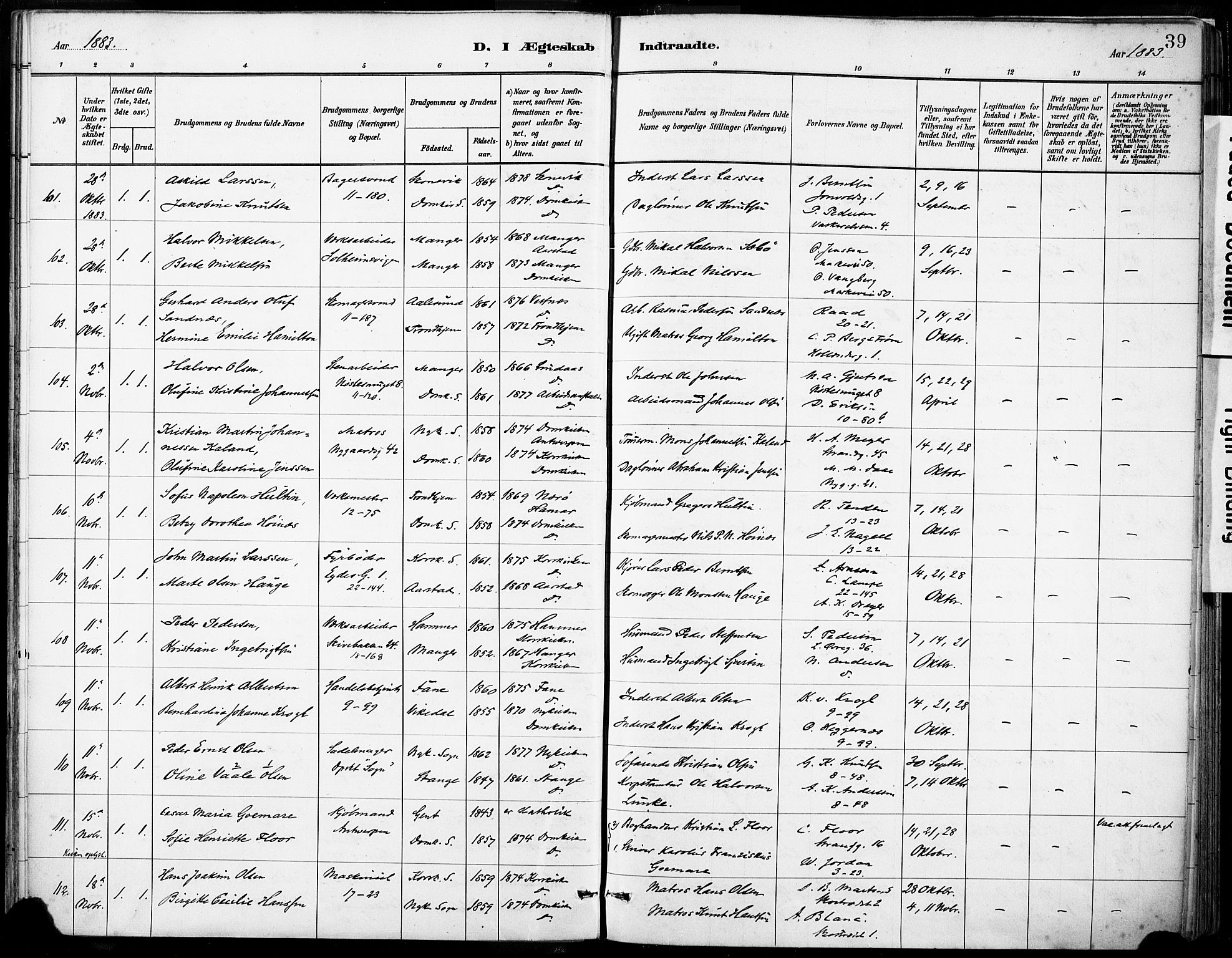 Domkirken sokneprestembete, SAB/A-74801/H/Haa/L0037: Parish register (official) no. D 4, 1880-1907, p. 39