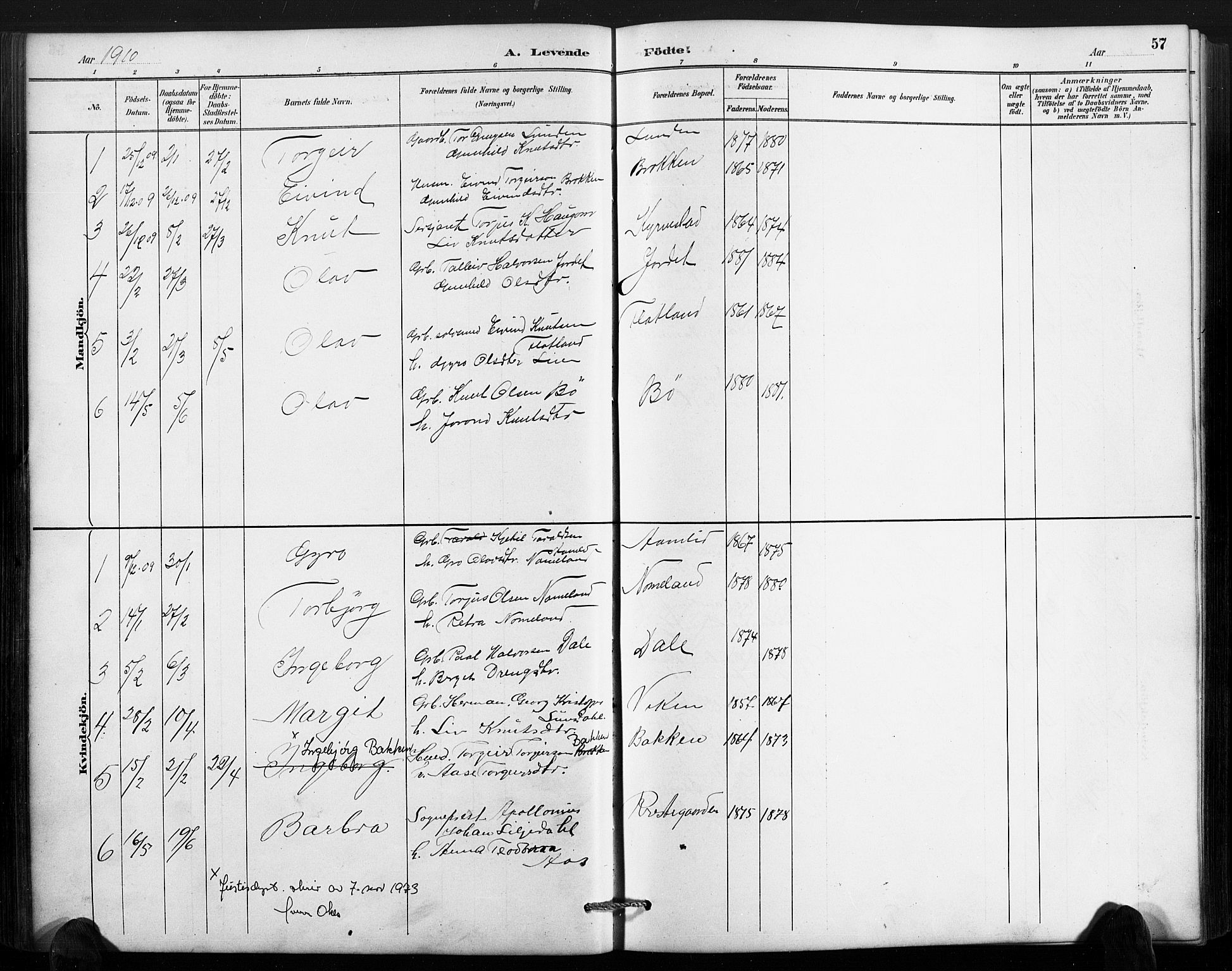 Valle sokneprestkontor, AV/SAK-1111-0044/F/Fb/Fbc/L0004: Parish register (copy) no. B 4, 1890-1928, p. 57