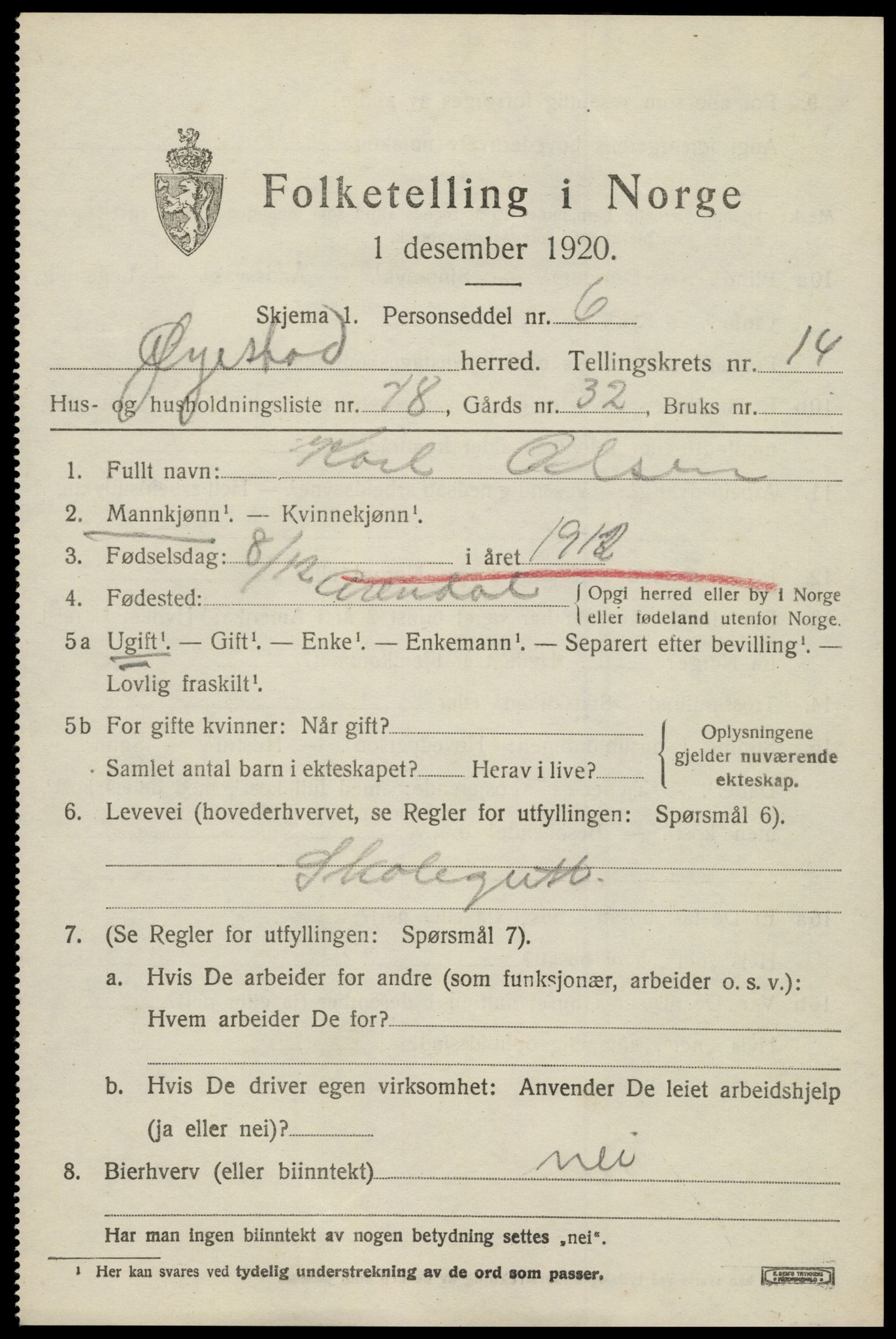 SAK, 1920 census for Øyestad, 1920, p. 9416