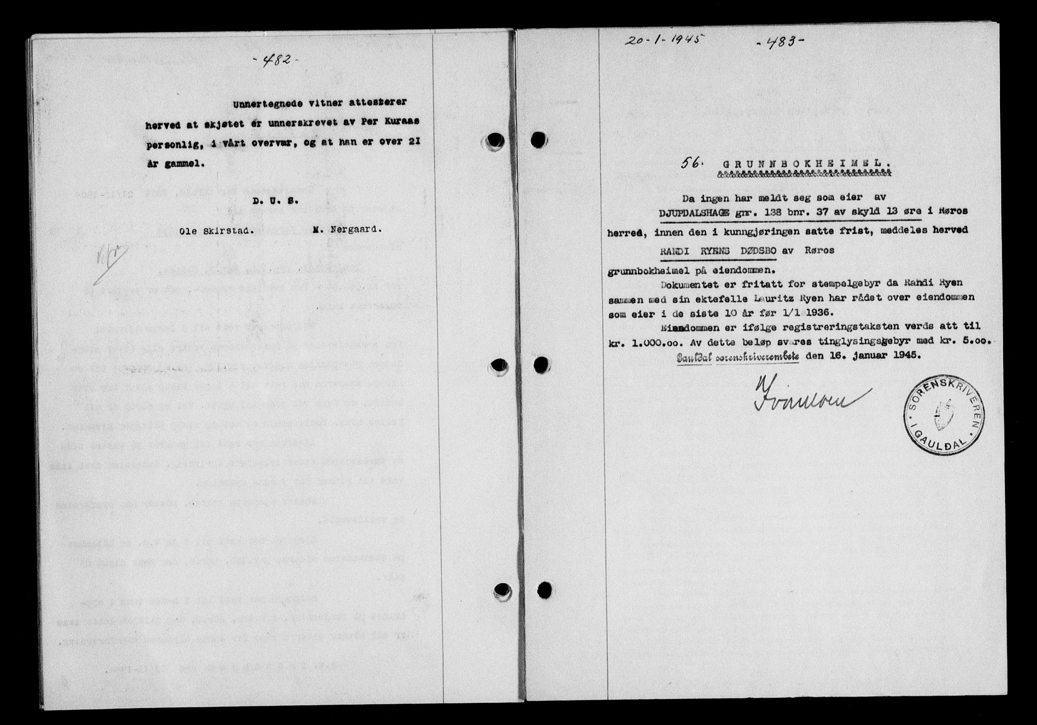 Gauldal sorenskriveri, SAT/A-0014/1/2/2C/L0058: Mortgage book no. 63, 1944-1945, Diary no: : 56/1945