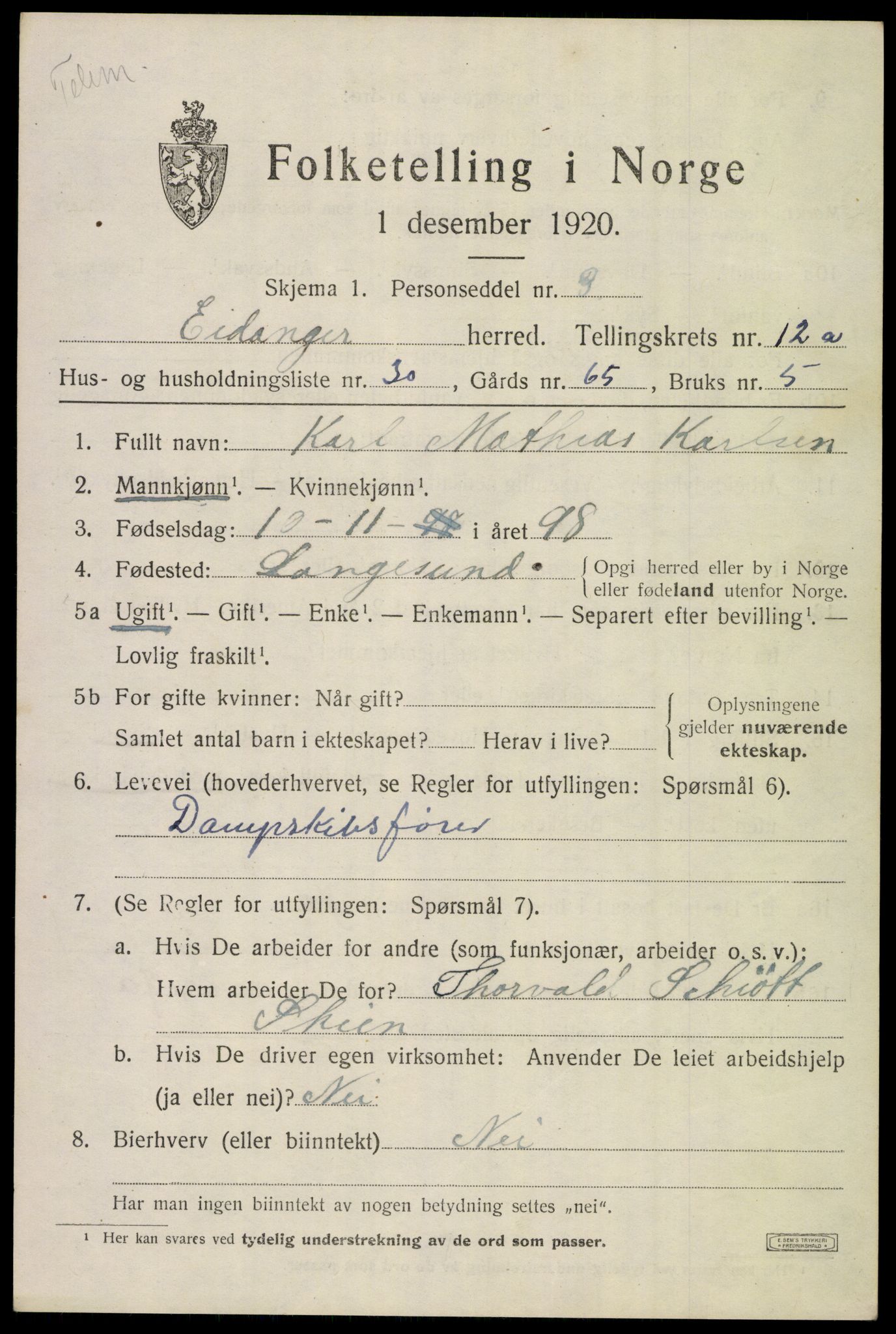 SAKO, 1920 census for Eidanger, 1920, p. 7512